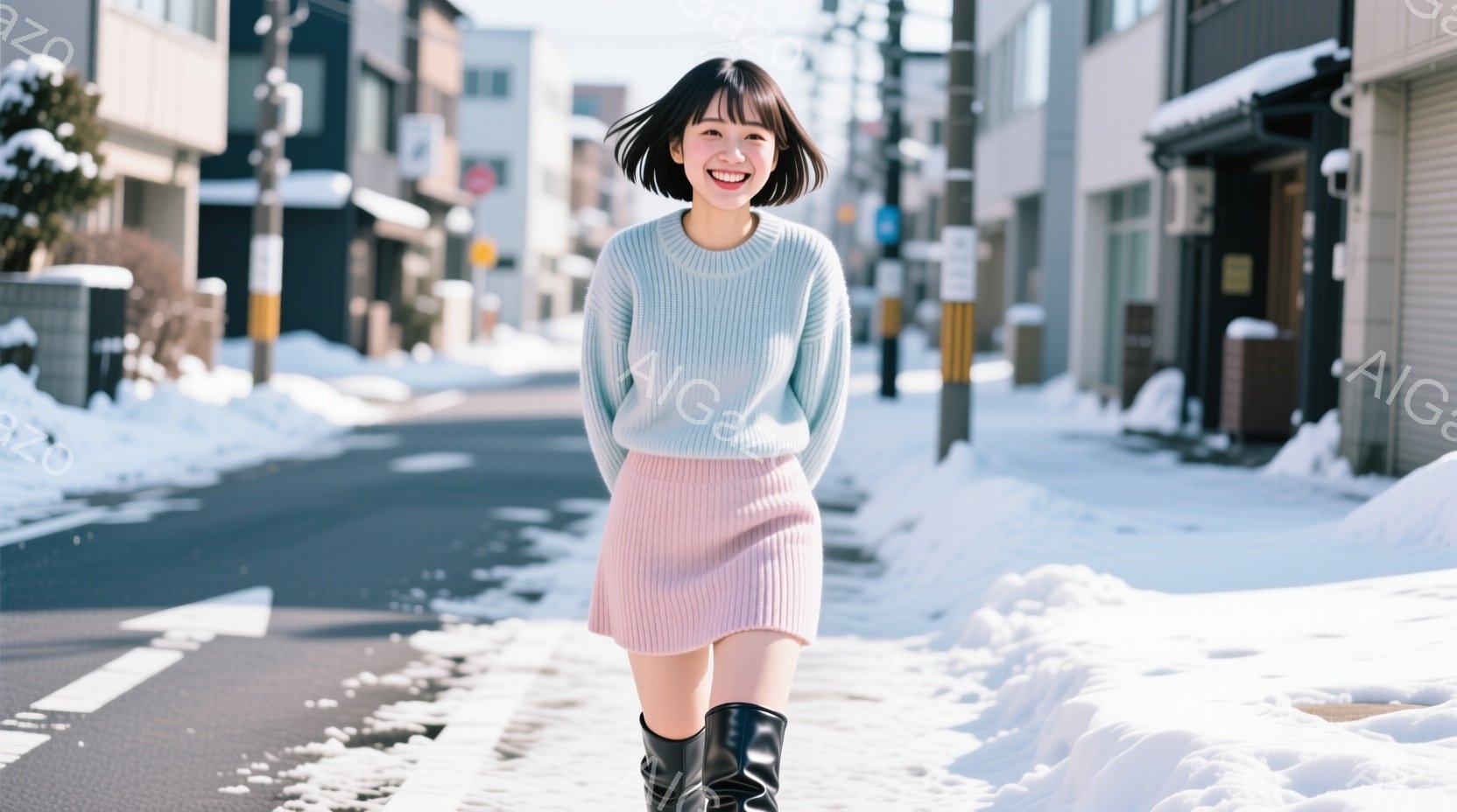 若い女性が雪の積もった道路を歩いている。彼女は薄い水色のセーターとピンクのミニスカート、黒いブーツを履いており、明るい笑顔を浮かべている。背景には、雪で覆われた住宅や道路があり、晴れた冬の日の穏やかな - AI生成フリー素材
