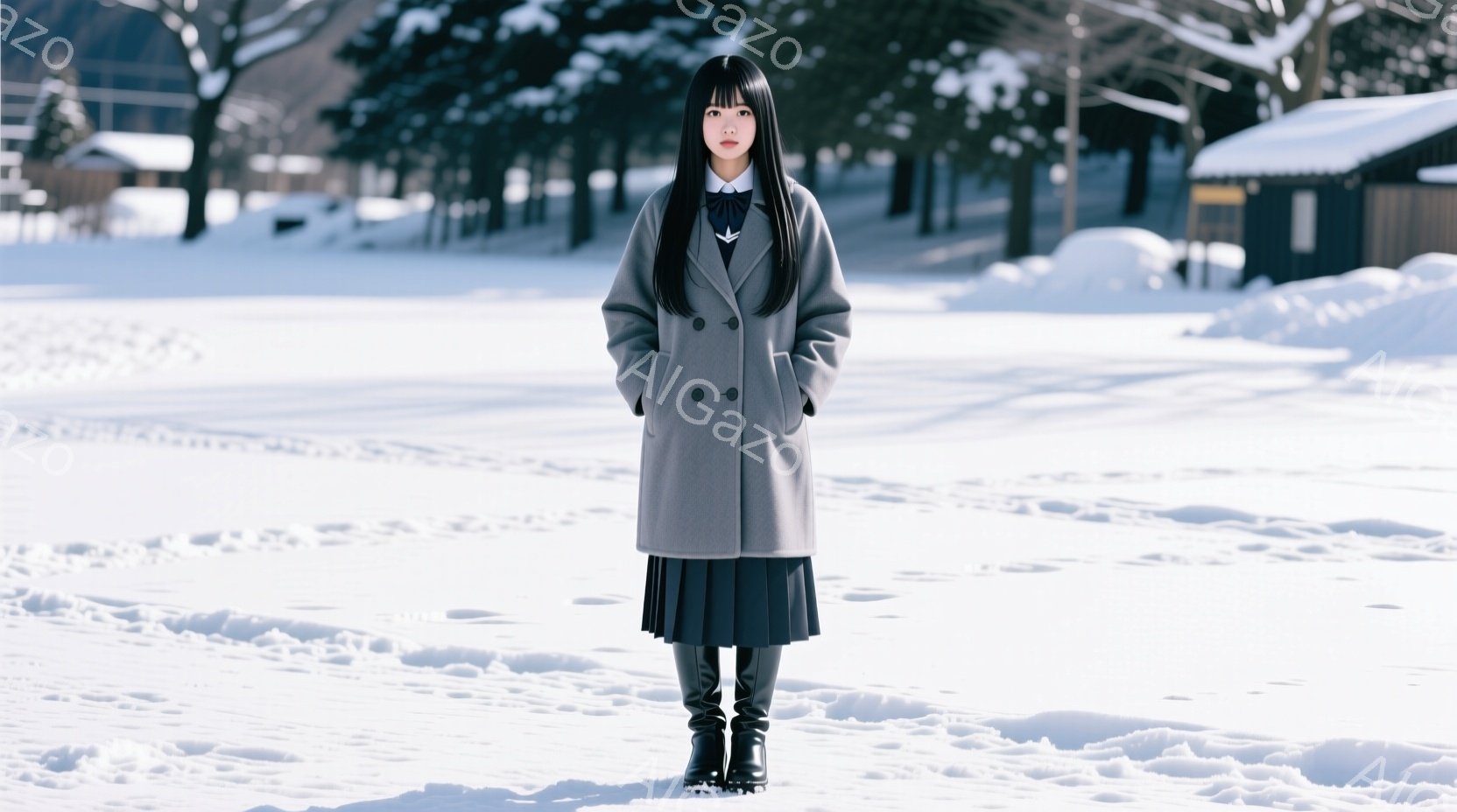 長い黒髪をセンターパートにした女性が、グレーのコートとチェック柄のスカート、黒いブーツを身に着けて雪景色の中に立っている。彼女は正面を向き、落ち着いた表情で、わずかに微笑んでいるように見える。背景には - AI生成フリー素材