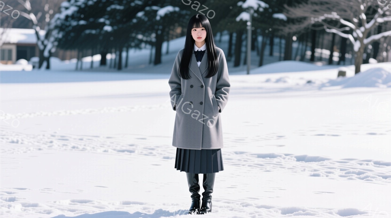 長い黒髪をセンターパートにした女性が、グレーのコートとプリーツスカート、黒のブーツを着用して雪景色の中に立っている。彼女は両手をポケットに入れ、正面を見据え、表情は穏やかでどこか憂いを帯びている。背景 - AI生成フリー素材