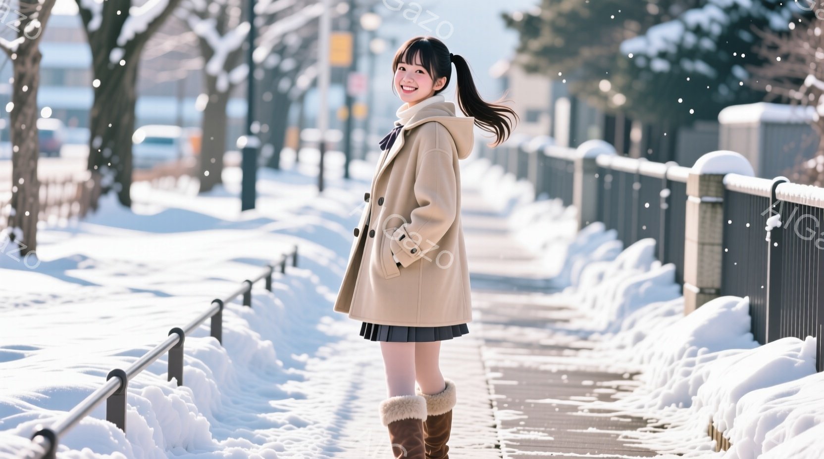 雪が降る中に、明るい笑顔の女性が写っています。ベージュの短いコートにチェックのスカート、そしてファー付きのブーツを履き、茶色の長い髪をポニーテールにしています。背景には雪に覆われた木々と歩道があり、冬 - AI生成フリー素材