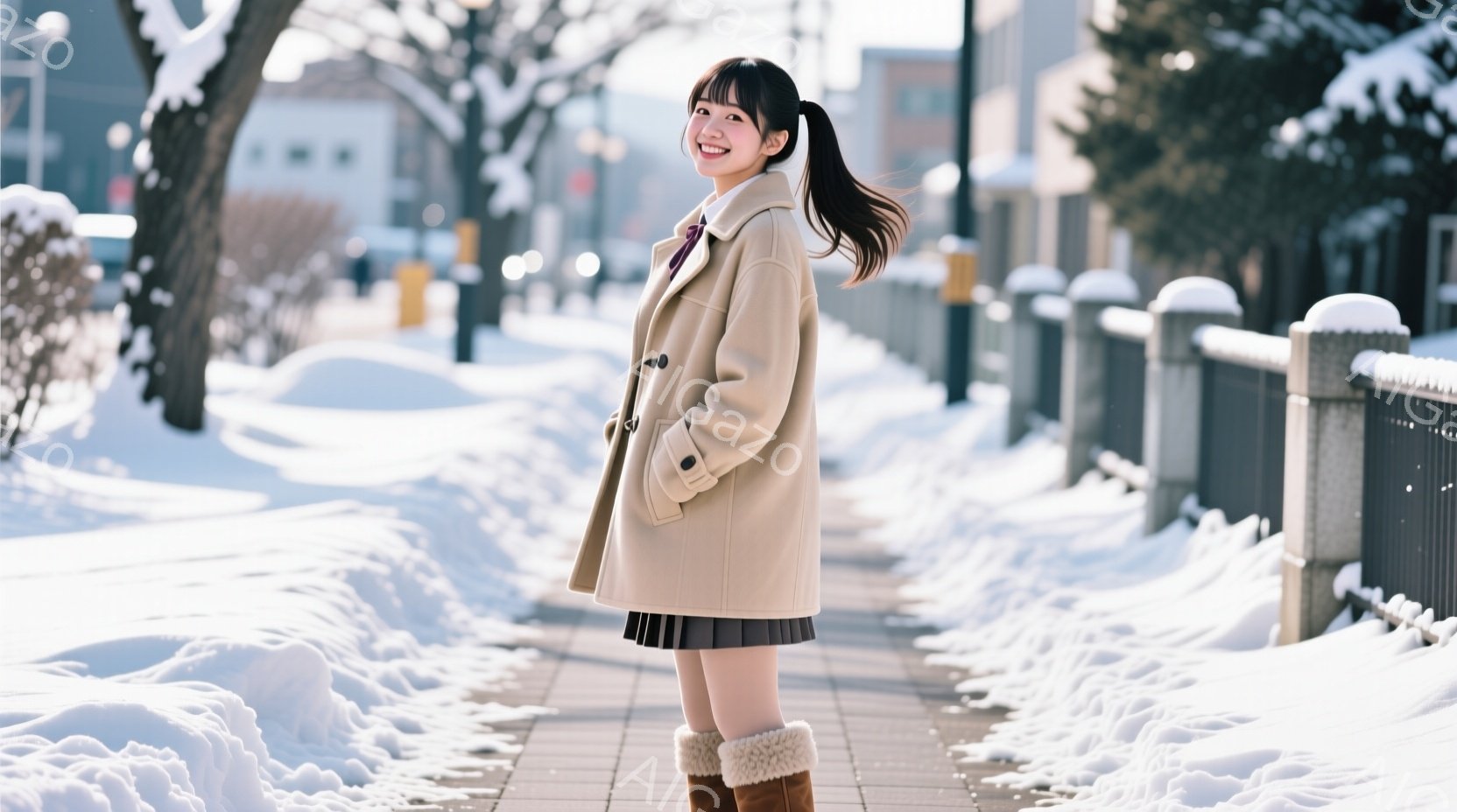 雪が積もった街並みを歩く女性が写っています。ベージュ色のオーバーサイズのコートにミニスカート、そしてブラウンのブーツを履き、髪はハーフアップにして微笑んでいます。背景には雪に覆われた建物や木々があり、 - AI生成フリー素材