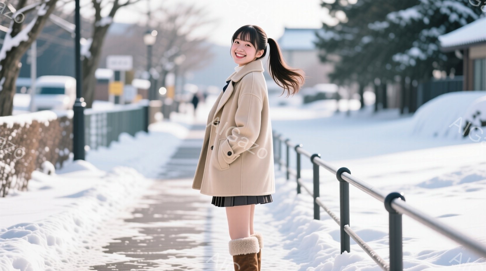 雪が積もった歩道に立つ女性は、ベージュ色のコートと黒いプリーツスカート、茶色のブーツを着用しています。彼女は長い黒髪をハーフアップにしており、笑顔で少し横を向いています。背景には雪に覆われた建物や木々 - AI生成フリー素材