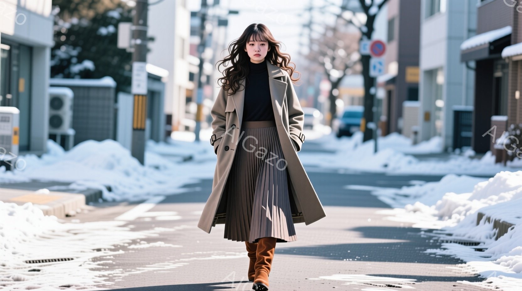 長いキャメル色のコートを羽織り、プリーツスカートと茶色のブーツを履いた女性が歩いている。彼女は黒髪をゆるやかにカールさせ、やや横を向いて表情は穏やかだ。背景は雪に覆われた住宅街で、建物や木々が並び、冬の静寂な雰囲気を醸し出している。