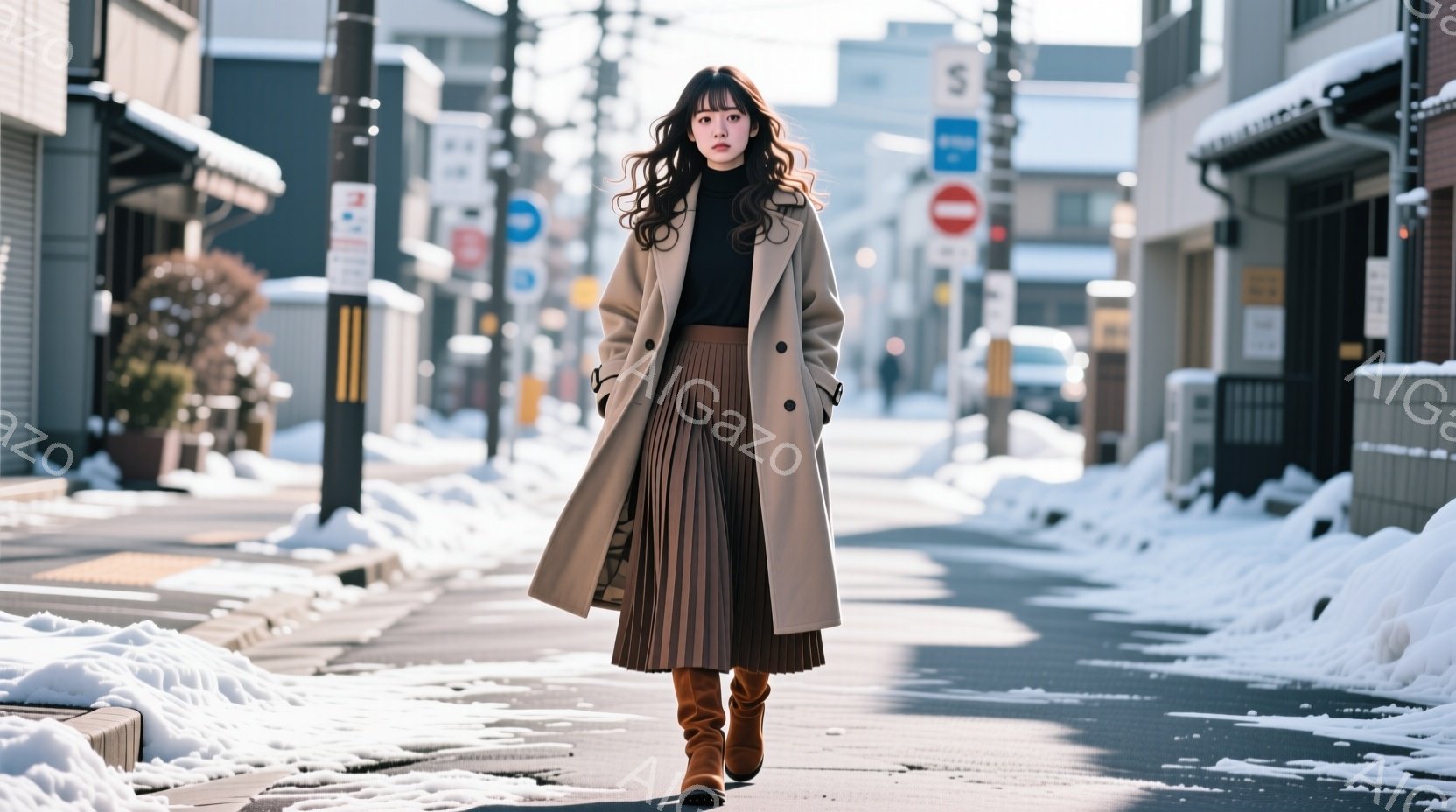 長いキャメル色のコートを羽織り、プリーツスカートと茶色のブーツを履いた女性が写っている。彼女は前を見据え、少し微笑んでいるように見える。背景には雪が積もり、路地や建物が見え、冬の穏やかな雰囲気を醸し出 - AI生成フリー素材