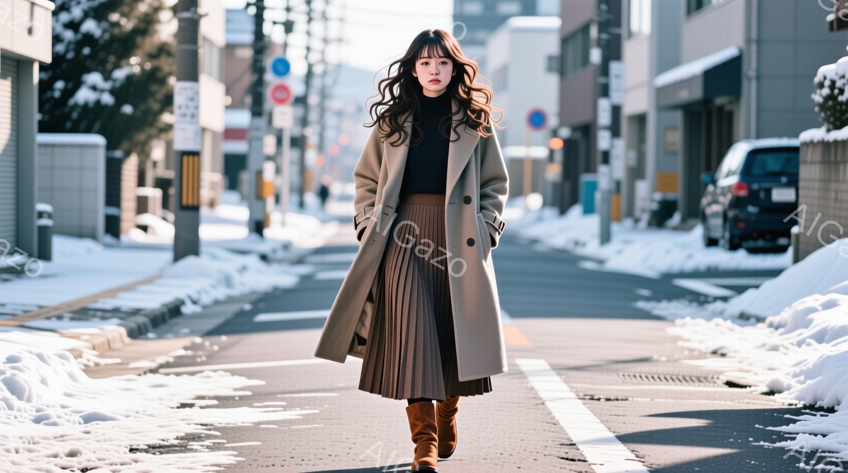 長いキャメル色のコートを着た女性が、白く雪が積もった道路を歩いています。彼女は茶色のブーツとプリーツスカートを合わせ、髪は肩までの長さで軽くウェーブがかかっています。背景には建物や木々が見え、全体的に - AI生成フリー素材