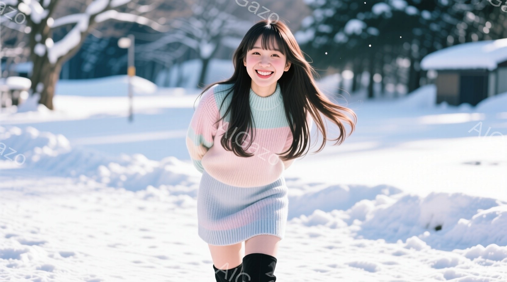 長い茶色の髪を風になびかせ、ピンクと水色のニットワンピースを着た若い女性が雪の中を走っている。彼女は満面の笑みを浮かべ、左手に何かを持っているように見える。背景には雪に覆われた木々と建物があり、晴れた冬の日の穏やかな雰囲気を醸し出している。