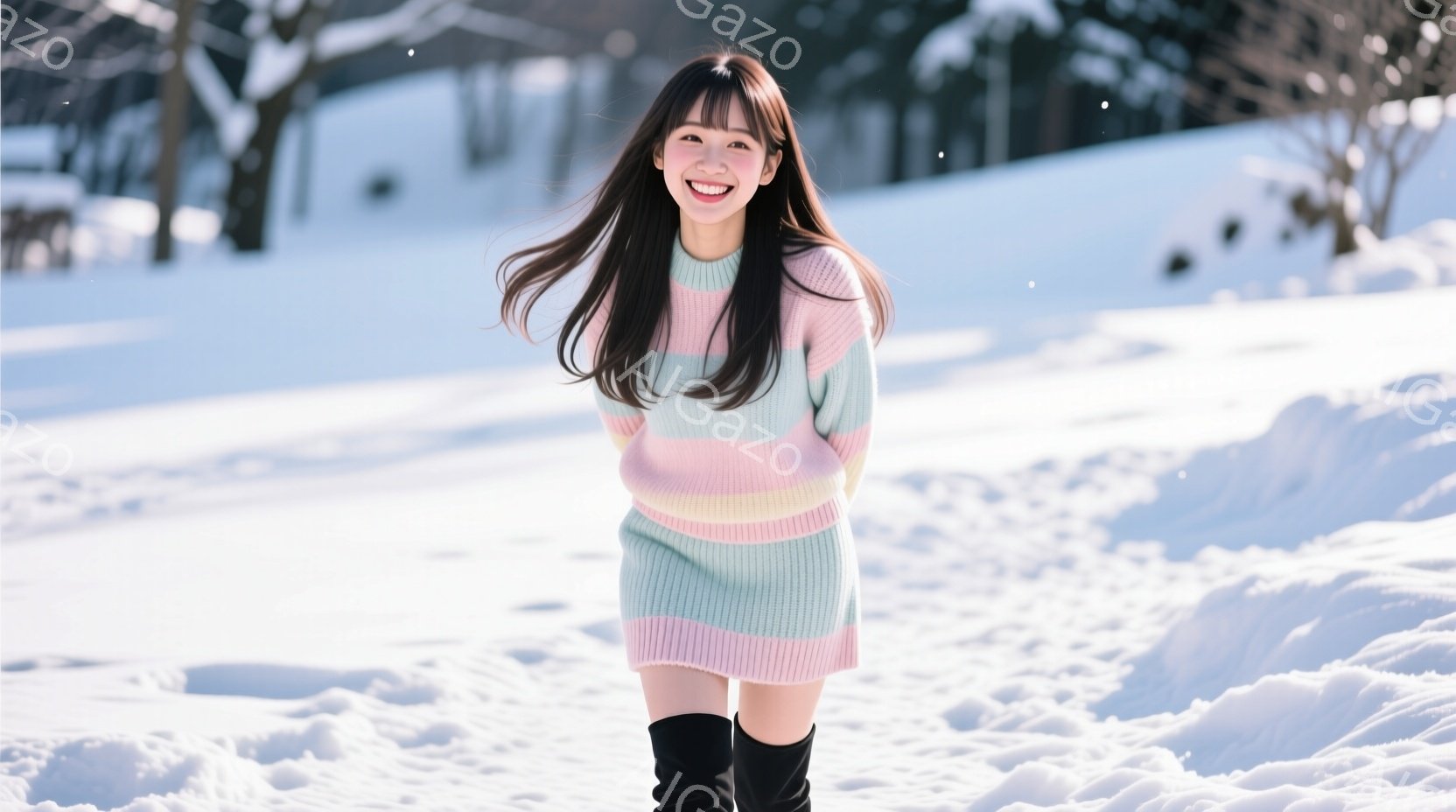 長い黒髪の女性が、淡いピンク、水色、クリーム色のストライプのニットワンピースと黒いブーツを着用し、雪景色の中で笑顔で立っています。彼女はわずかに体を傾け、片手を上げており、リラックスしたポーズです。背 - AI生成フリー素材