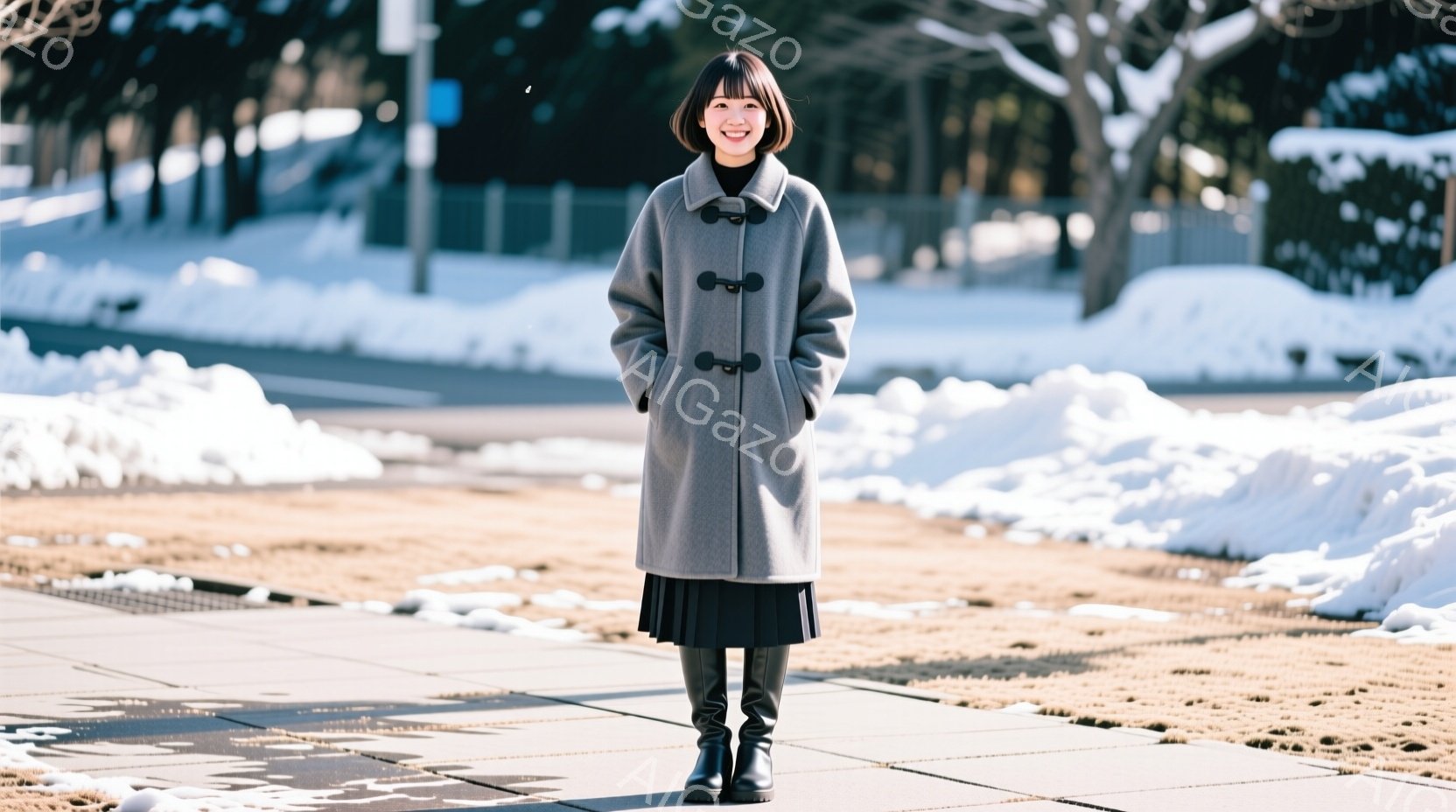 画像には、グレーのコートを着た女性が写っています。彼女は黒いスカートとブーツを履いており、髪は短くストレートで、穏やかな笑顔を浮かべています。背景には雪が積もり、冬の晴れた日の公園のような場所で、全体 - AI生成フリー素材