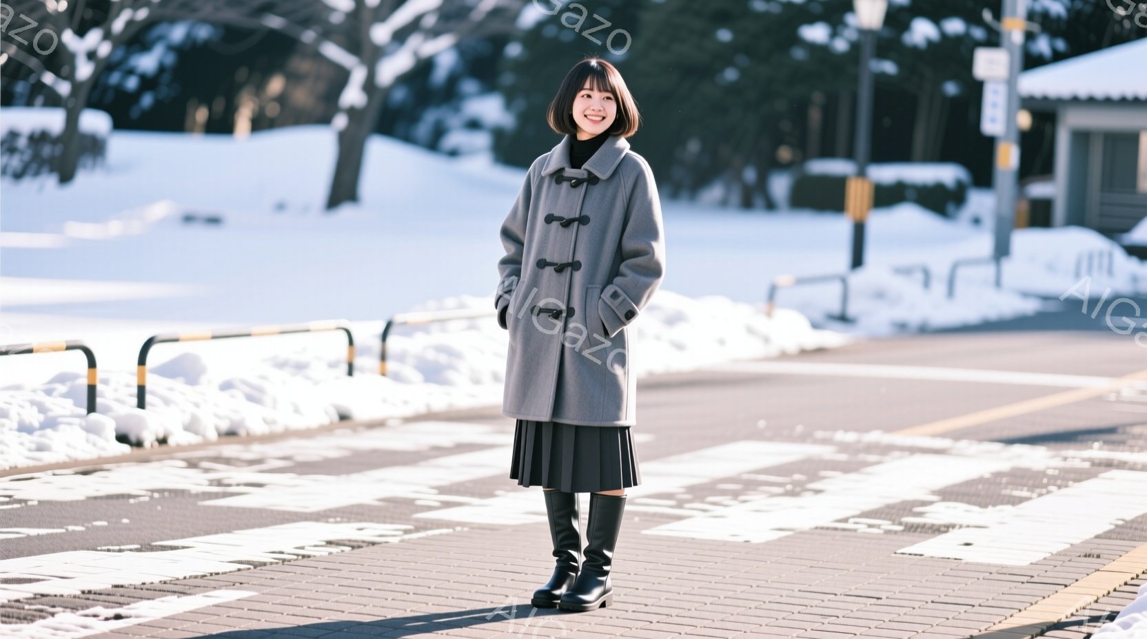 若い女性が雪景色の中、横断歩道に立っている。グレーのコートにプリーツスカート、黒いブーツという冬の装いで、笑顔を浮かべている。背景には雪に覆われた木々と建物があり、晴天で穏やかな冬の日の雰囲気が漂って - AI生成フリー素材