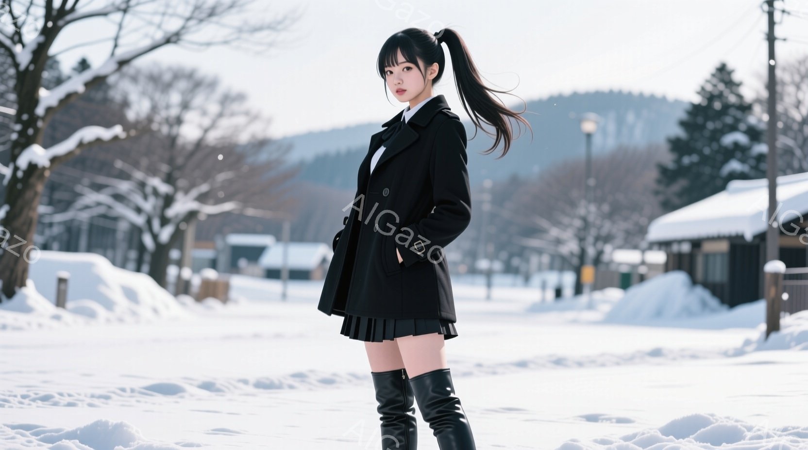 画像には、雪景色の中に立つ若い女性が写っています。彼女は黒いオーバーコート、プリーツスカート、膝丈の黒いブーツを着用し、長い黒髪をポニーテールにしています。背景には雪に覆われた建物や木々が見え、冬の静 - AI生成フリー素材
