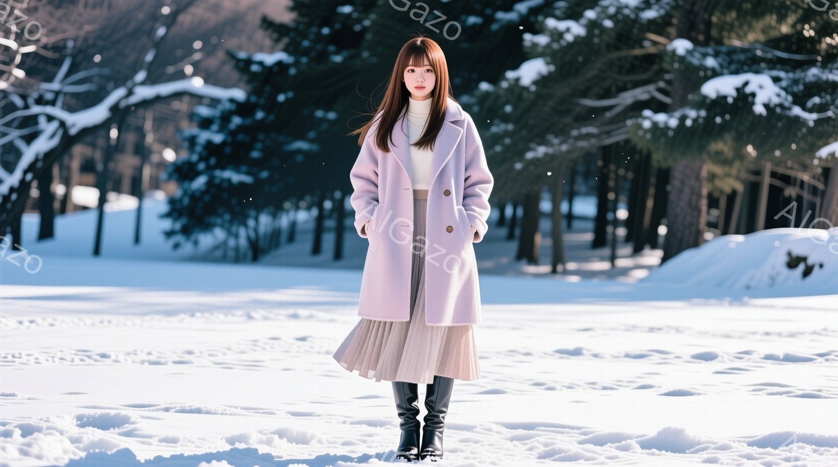 長いストレートヘアの女性が、淡いピンク色のオーバーコートと、ベージュのプリーツスカート、黒いブーツを身に着けて立っている。彼女は正面をまっすぐ見つめ、表情は穏やかで、冬の雪景色の中に佇んでいる。背景は - AI生成フリー素材