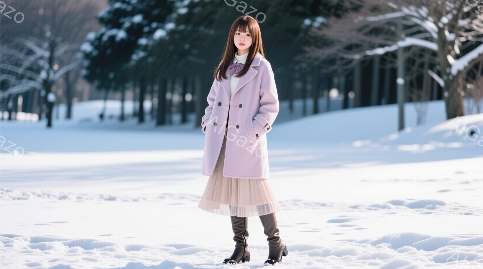 淡いピンク色のコートを着た女性が雪景色の中に立っている。ふわふわのスカートと黒いブーツを合わせ、髪は肩にかかる長さで、正面を向いて微笑んでいる。背景には雪で覆われた木々が広がり、冬の静かで穏やかな雰囲 - AI生成フリー素材