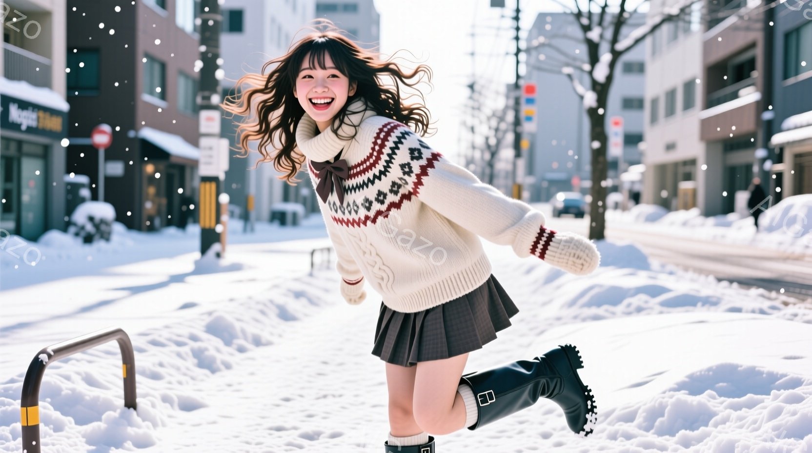 画像には、雪景色の中を駆ける若い女性が写っています。彼女はオフホワイトのニットセーターにプリーツスカート、黒いブーツを履き、髪をなびかせながら笑顔で走っています。背景には雪に覆われた道路、建物、そして - AI生成フリー素材