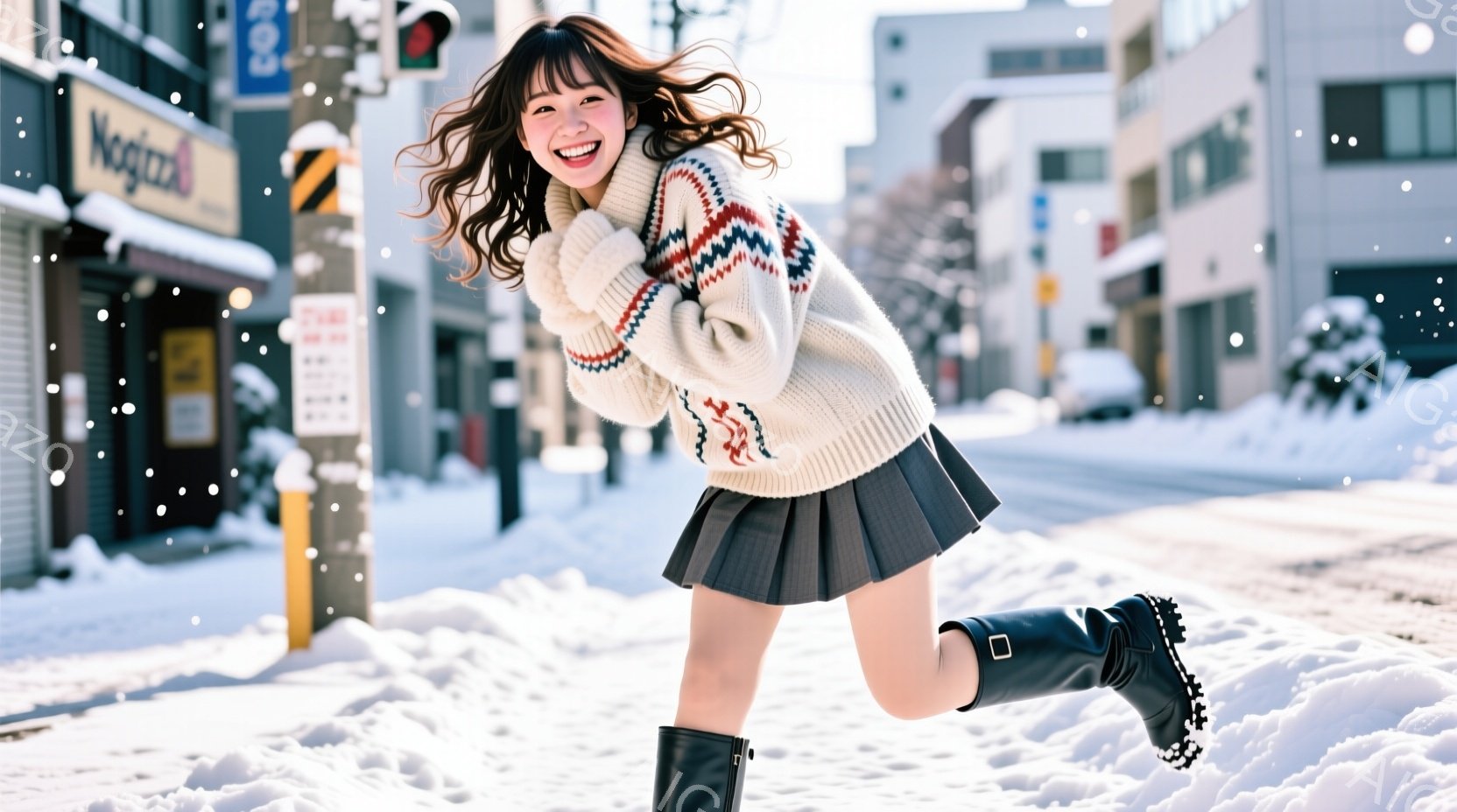 画像は、雪が降る街中で、ミニスカートと黒いブーツ、そしてクリーム色のセーターを着た若い女性が写っている。彼女は片足を高く上げて走り、笑顔でカメラを見ている。背景には、冬の風景が広がり、建物や道路は雪に - AI生成フリー素材