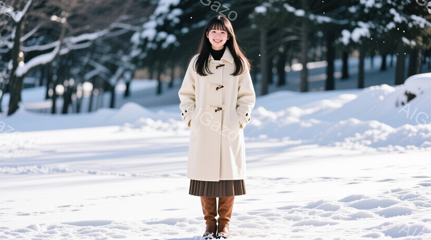 白いオーバーコートを羽織り、茶色のフレアスカートと膝丈のブーツを履いた女性が写っている。彼女は微笑んでおり、黒髪のストレートヘアが肩にかかっている。背景は雪景色で、木々が雪に覆われている。 - AI生成フリー素材
