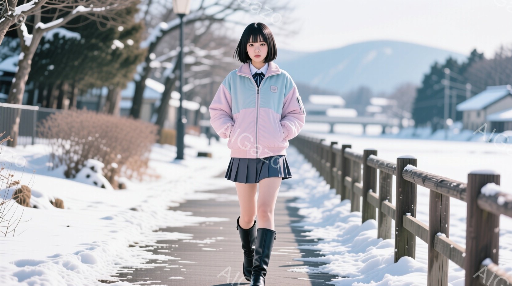 画像には、雪景色の中を歩く若い女性が写っています。彼女は紺色のスカートと、ピンクと水色の組み合わせのジャケット、黒いロングブーツを着用し、髪は前髪を揃えたボブヘアです。背景には雪に覆われた木々や建物が - AI生成フリー素材