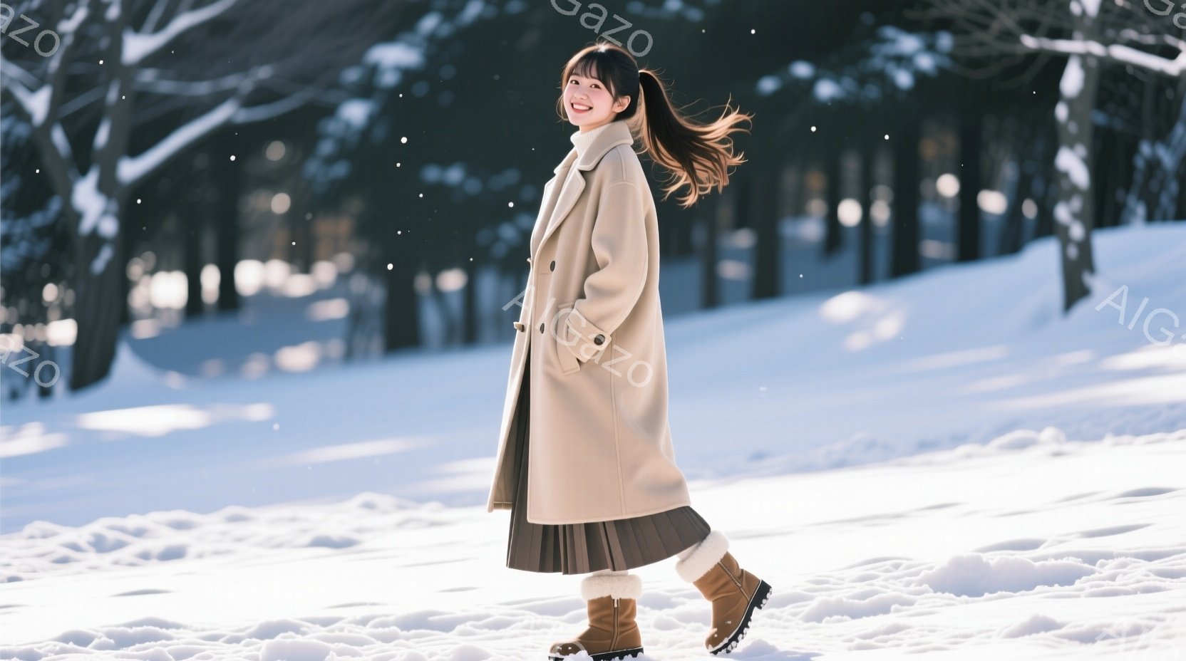 白い雪が降り積もる中で、ベージュのロングコートを着た女性が歩いている。彼女は茶色のミディアムブーツを履き、髪を高く結んでおり、笑顔でこちらを見ている。背景には雪に覆われた木々が並び、冬の穏やかで優しい - AI生成フリー素材
