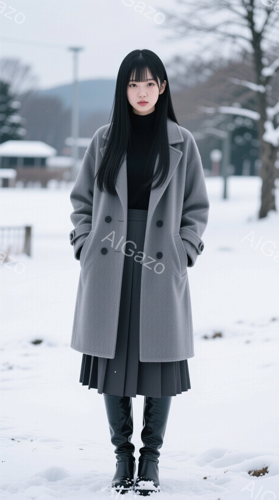 長い黒髪をセンターパートにした女性が、グレーのコートとプリーツスカート、黒いブーツを身に着けて立っています。表情はやや無表情で、両手をポケットに入れています。背景は雪景色で、遠くに建物が見え、全体的に - AI生成フリー素材