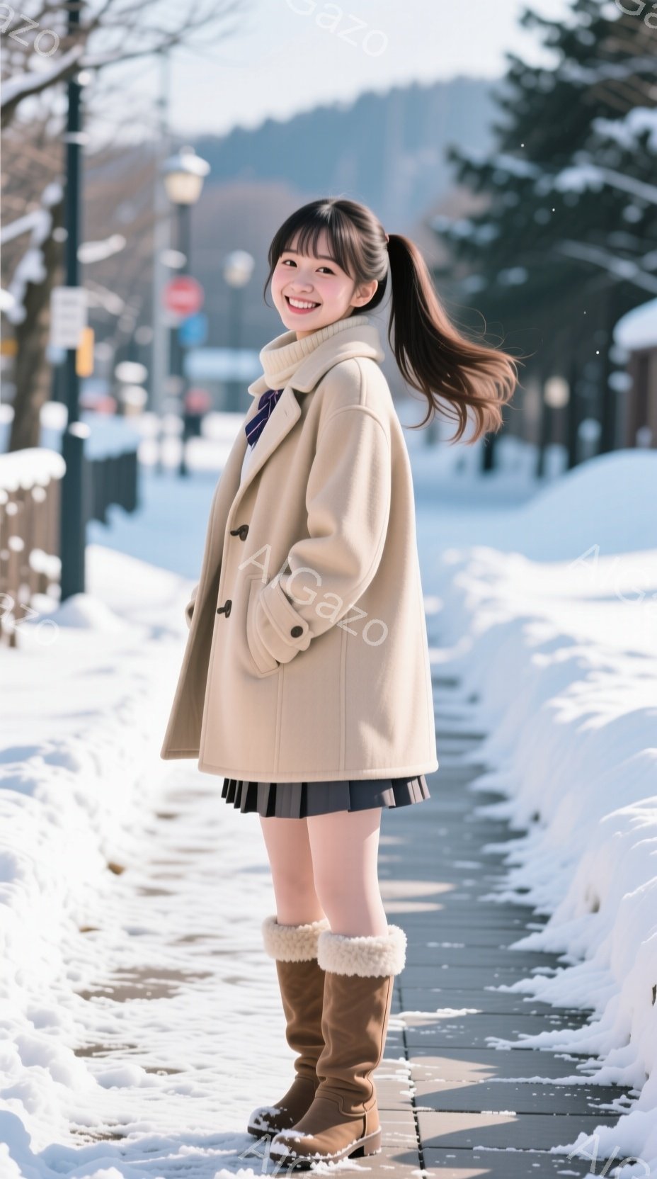 冬の晴れた日に、若い女性が雪道に立っている。ベージュのオーバーコート、チェック柄のスカート、そしてファー付きのブーツを身に着け、明るい笑顔を見せている。背景には雪に覆われた木々と建物があり、冬の穏やか - AI生成フリー素材