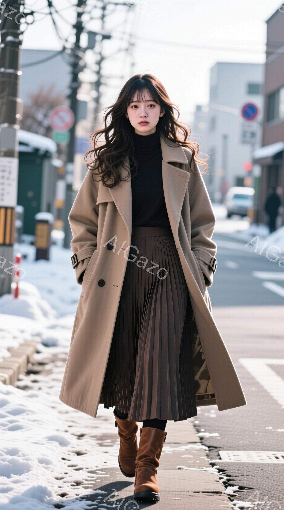 長いキャメルのコートを着た若い女性が、プリーツのスカートと茶色のブーツを履いて歩いている。彼女は黒髪で、少し微笑んでおり、冬の街並みを背景に、落ち着いた雰囲気である。雪が積もり、道路は少し濡れており、 - AI生成フリー素材