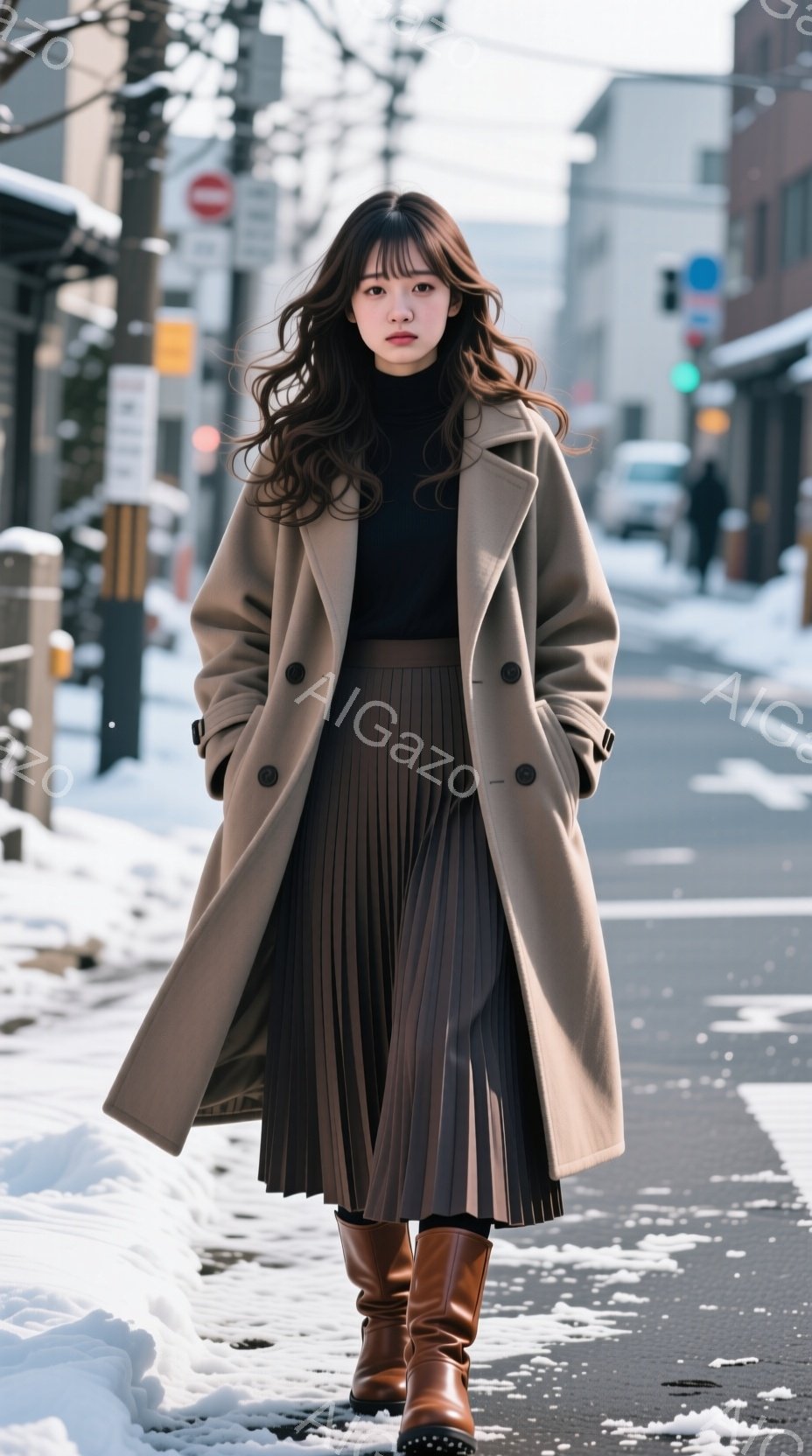 長いキャメル色のコートを羽織り、黒のタートルネックセーターと、くしゃくしゃとしたプリーツスカートを身につけた女性が写っている。彼女は茶色のブーツを履き、少し微笑んでおり、やや横を向いたポーズをとってい - AI生成フリー素材