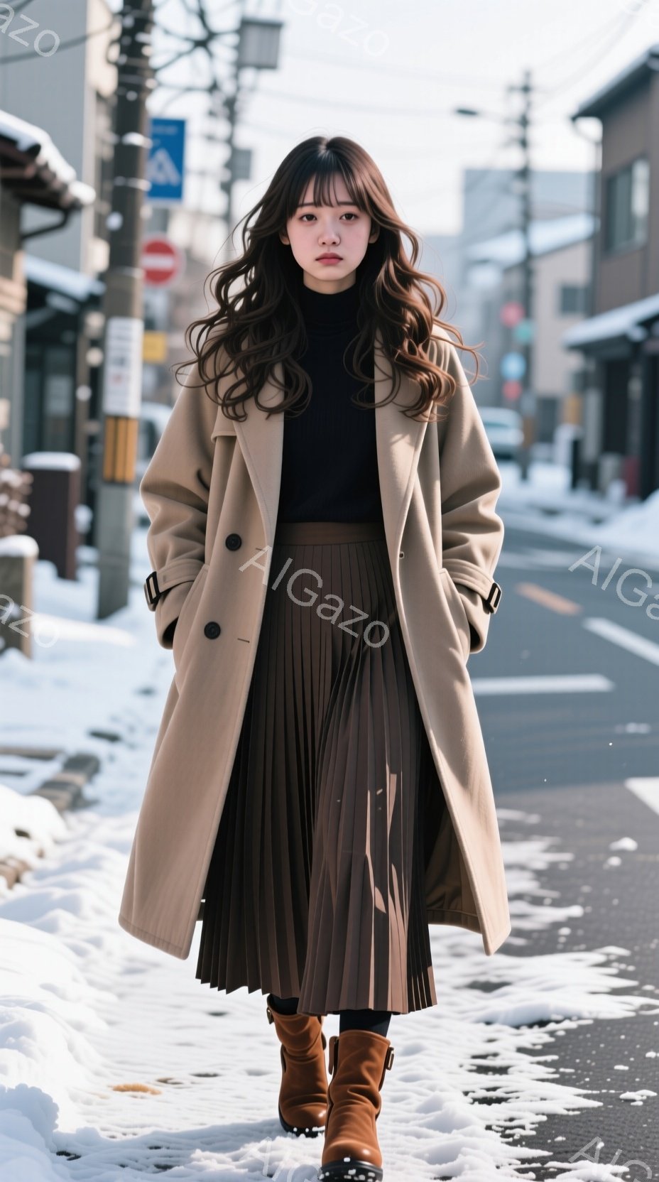 長いキャメル色のコートを着た女性が、茶色のプリーツスカートとブーツを履いて雪の降る道を歩いている。彼女は黒髪で、前髪を少し分けており、表情は少し憂いを含んでいるように見える。背景には木造建築と雪景色が - AI生成フリー素材