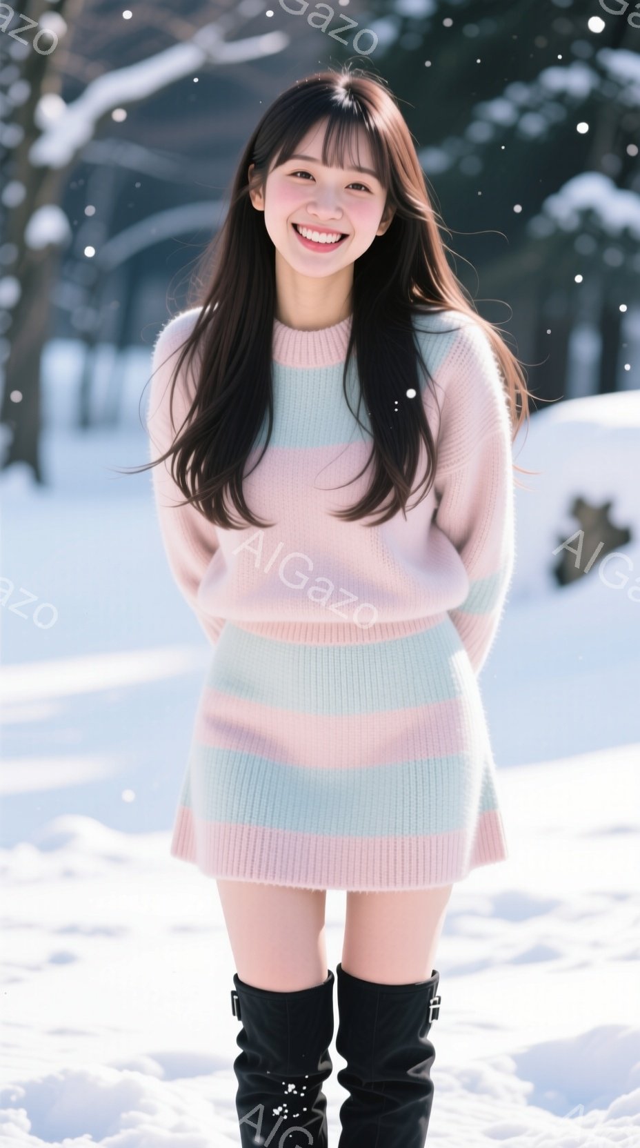 長い黒髪の女性が、ピンクと水色の縞模様のセーターと黒いブーツを身につけて雪景色の中で微笑んでいます。彼女は両手を胸の前で組み、リラックスした姿勢でカメラに向かって明るく笑っています。背景には雪に覆われた木々と、ぼやけた白い風景が広がっており、冬の穏やかな雰囲気を醸し出しています。
