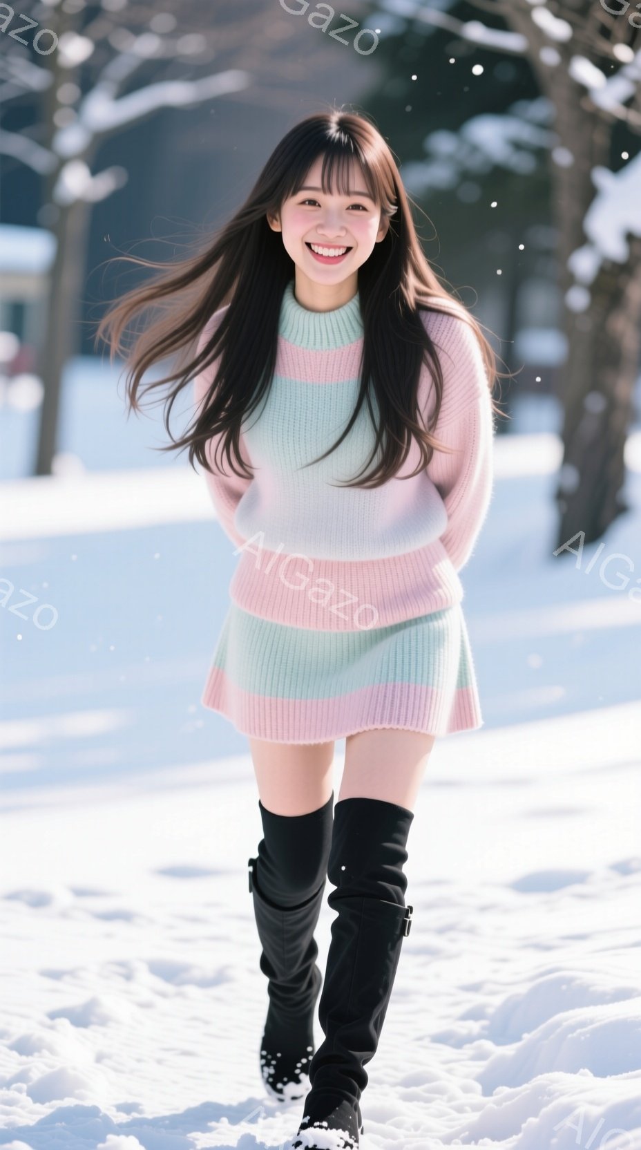 長い黒髪をなびかせ、ピンクと水色のストライプのセーターとスカートを身につけた女性が雪の中を歩いている。明るい笑顔で、足元には雪が付着した黒いブーツを履いている。背景には雪景色が広がり、建物がわずかに見 - AI生成フリー素材