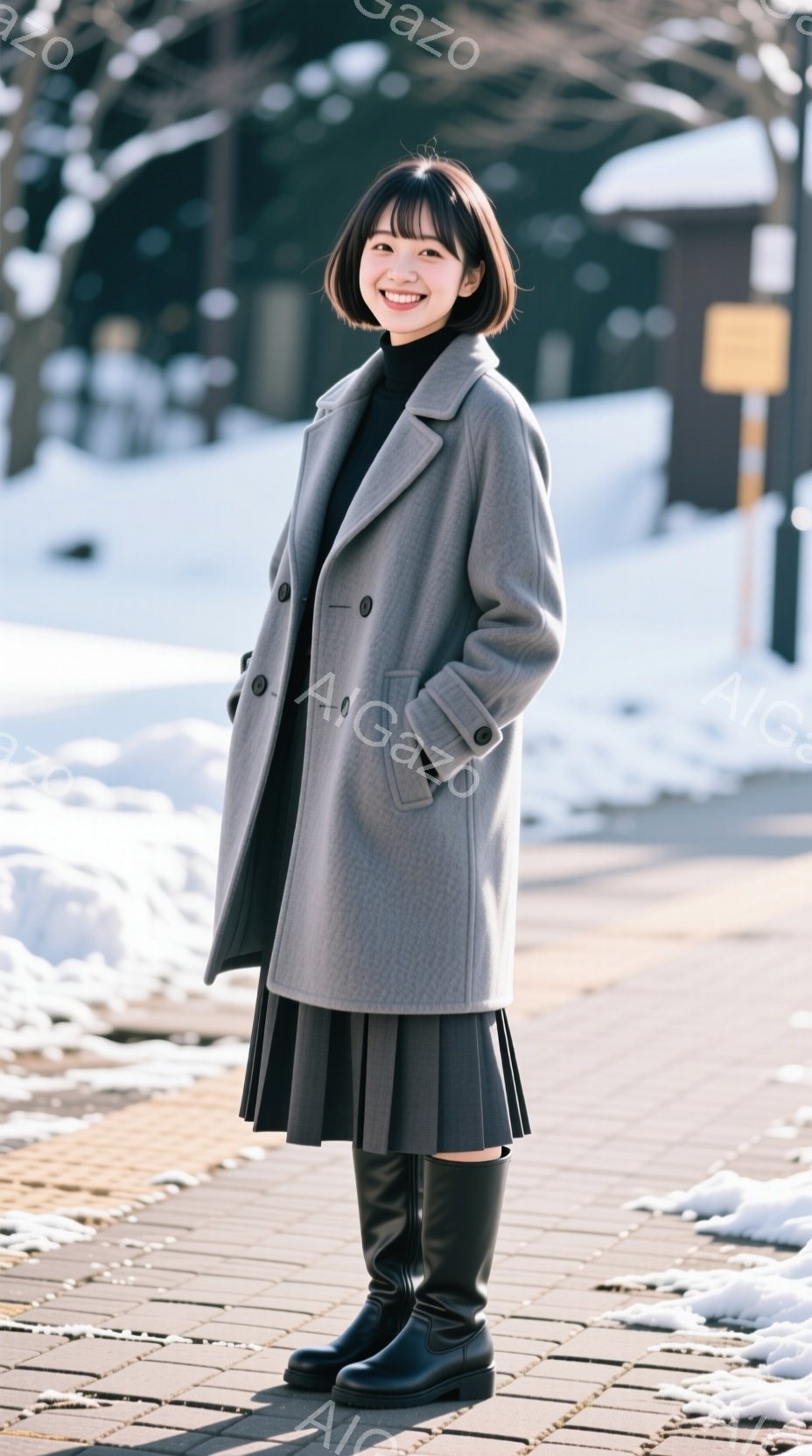 画像には、グレーのヘリンボーン柄コートを着て、黒いミディ丈のプリーツスカートと黒いロングブーツを履いた女性が写っています。彼女は少し微笑んでおり、リラックスした姿勢でカメラを見ています。背景には雪が積 - AI生成フリー素材