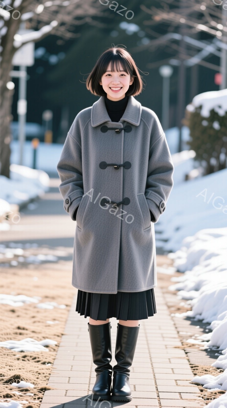 若い女性が、灰色のオーバーサイズコート、黒のプリーツスカート、黒のロングブーツを着て、レンガ造りの歩道に立っています。彼女は短い黒髪で、微笑みを浮かべ、リラックスした姿勢で立っています。背景には雪が積 - AI生成フリー素材
