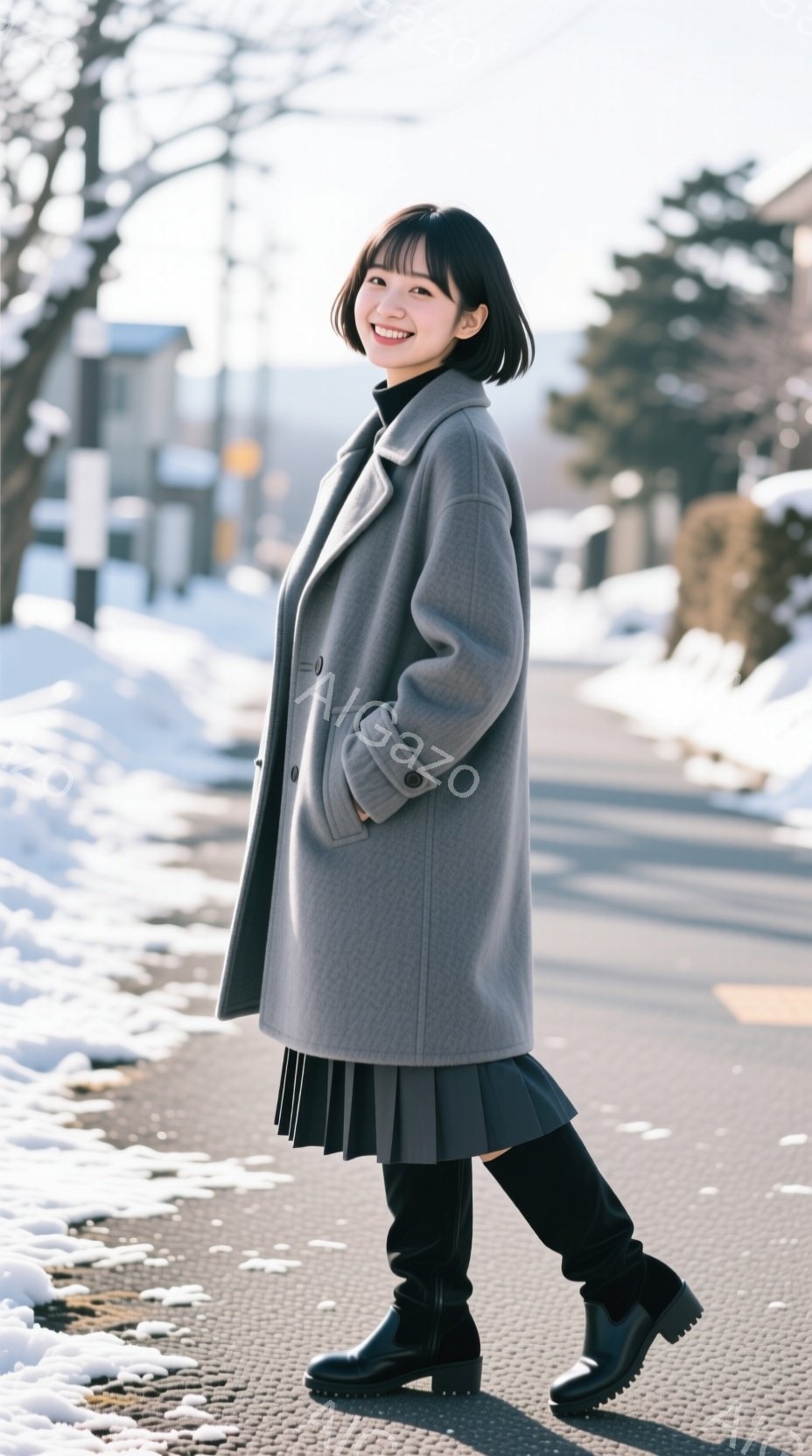 灰色のコートと黒のプリーツスカートを身につけた女性が、アスファルトの道に立っています。彼女は黒いブーツを履き、短い前髪とサイドに流した髪型で、微笑んでいます。背景には雪景色と建物が見え、冬の穏やかな雰 - AI生成フリー素材