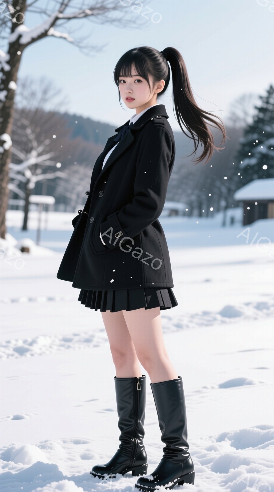 黒いロングコートとプリーツスカート、黒いブーツを着用した若い女性が雪景色の中に立っています。彼女は髪をポニーテールにし、少し微笑んでいます。背景には雪で覆われた木々と建物が見え、冬の静かな雰囲気を醸し - AI生成フリー素材
