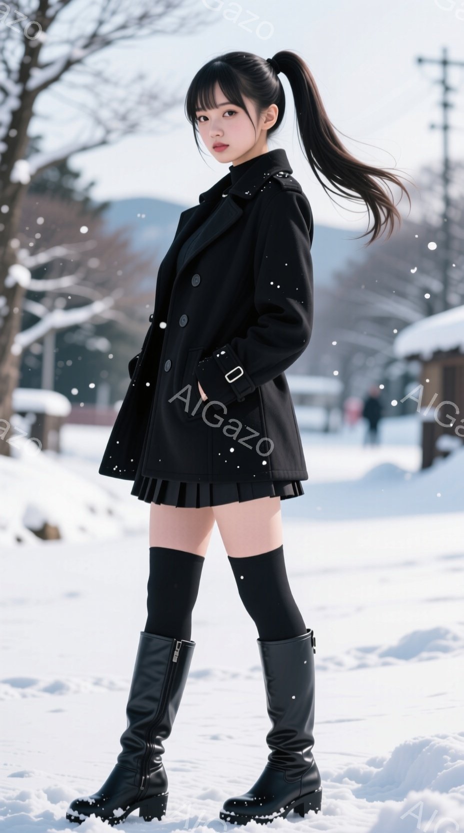 画像には、黒いロングコートとプリーツスカート、黒いニーハイソックスとブーツを身に着けた若い女性が写っています。彼女は髪を高くポニーテールにしており、少し微笑んだ表情をしています。背景は雪景色で、建物や - AI生成フリー素材