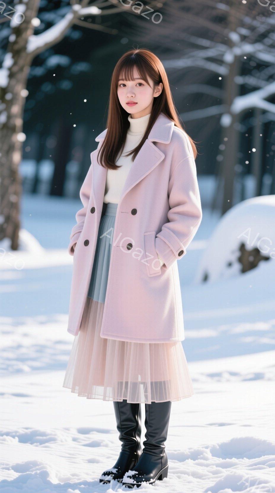 浅いピンク色のコートを着た若い女性が立っており、クリーム色のタートルネックセーターと、ふんわりとした水色のティアードスカートを合わせている。黒いブーツを履き、髪は肩にかかる長さで、前髪は眉毛にかかるよ - AI生成フリー素材