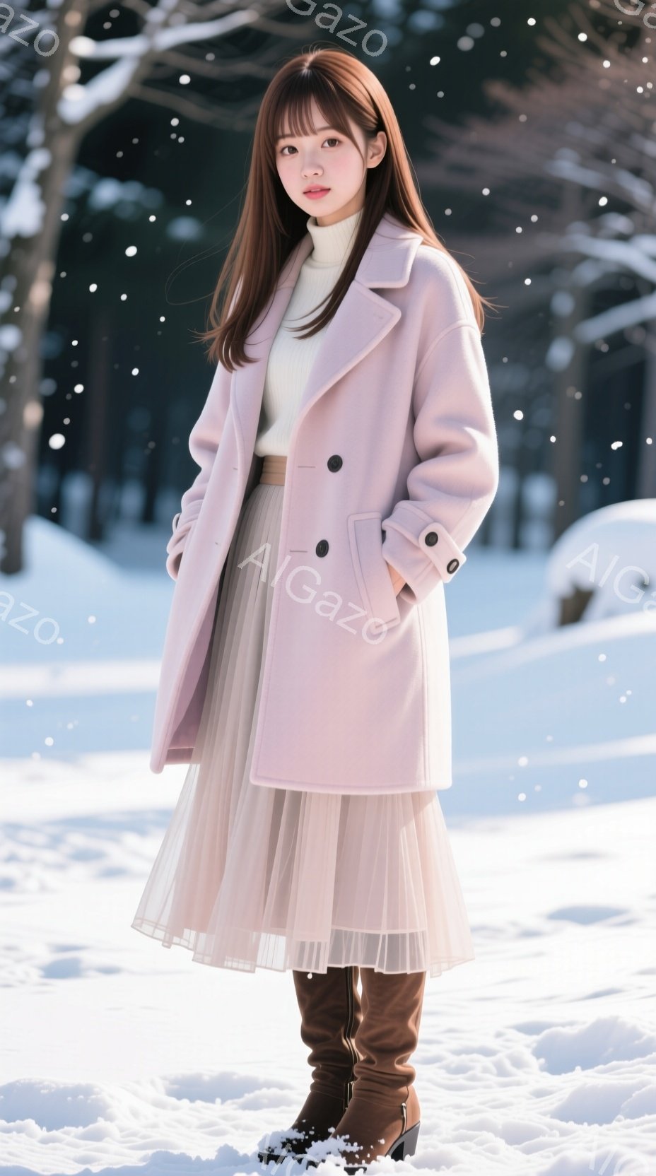 長い茶色の髪をセンターパートにした女性が、淡いピンク色のコートと薄いピンク色のチュールスカート、茶色のブーツを身に着けて立っています。彼女は穏やかな表情でカメラを見ており、姿勢はリラックスしています。 - AI生成フリー素材