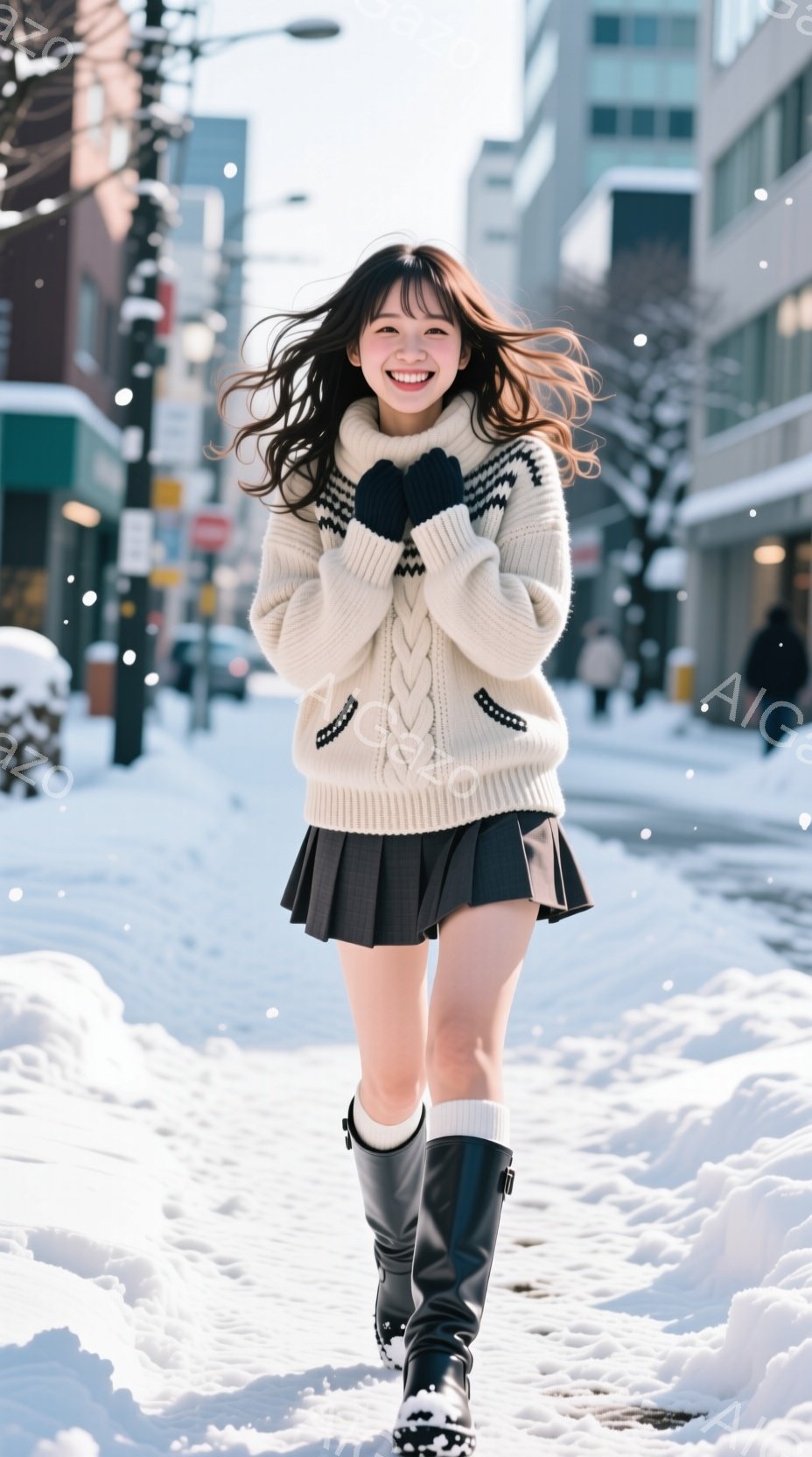 雪景色の中、若い女性が笑顔で走り去る姿が捉えられています。オフホワイトのケーブルニットセーター、黒いプリーツスカート、黒いロングブーツという冬のカジュアルな装いで、髪は肩まで伸びて風になびいています。 - AI生成フリー素材