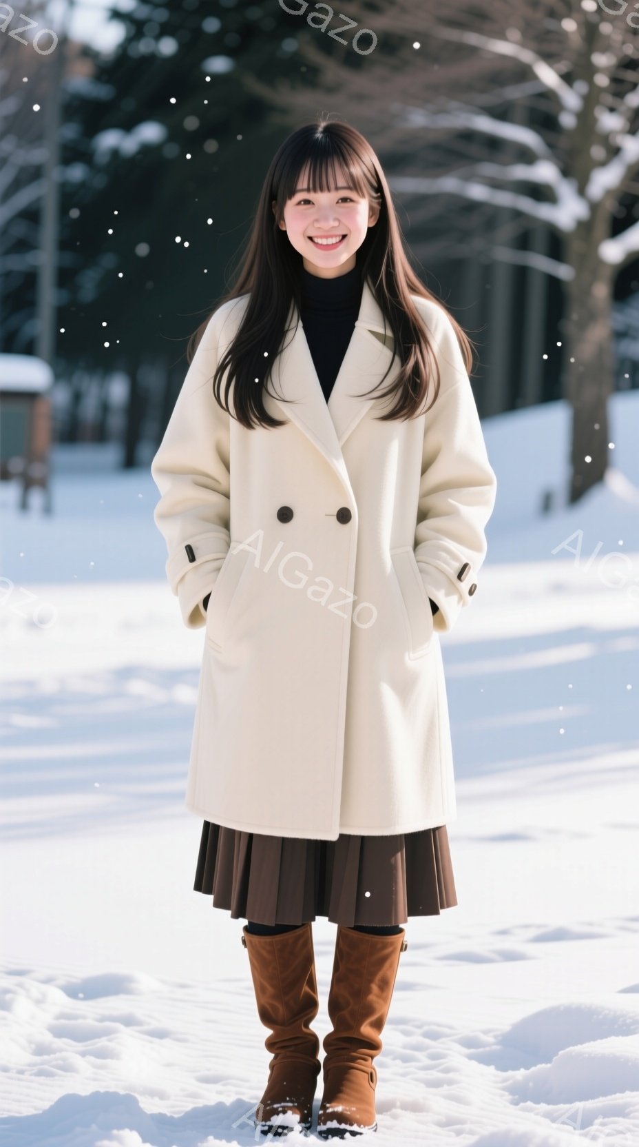 長い黒髪をサイドパートにした女性が、オフホワイトのオーバーサイズコート、茶色のプリーツスカート、そして茶色のブーツを身に着けて立っています。彼女は微笑んでおり、冬の雪景色を背景にリラックスした姿勢を見せています。背景には雪に覆われた建物や木々が見え、全体的に穏やかで冬らしい雰囲気を醸し出しています。