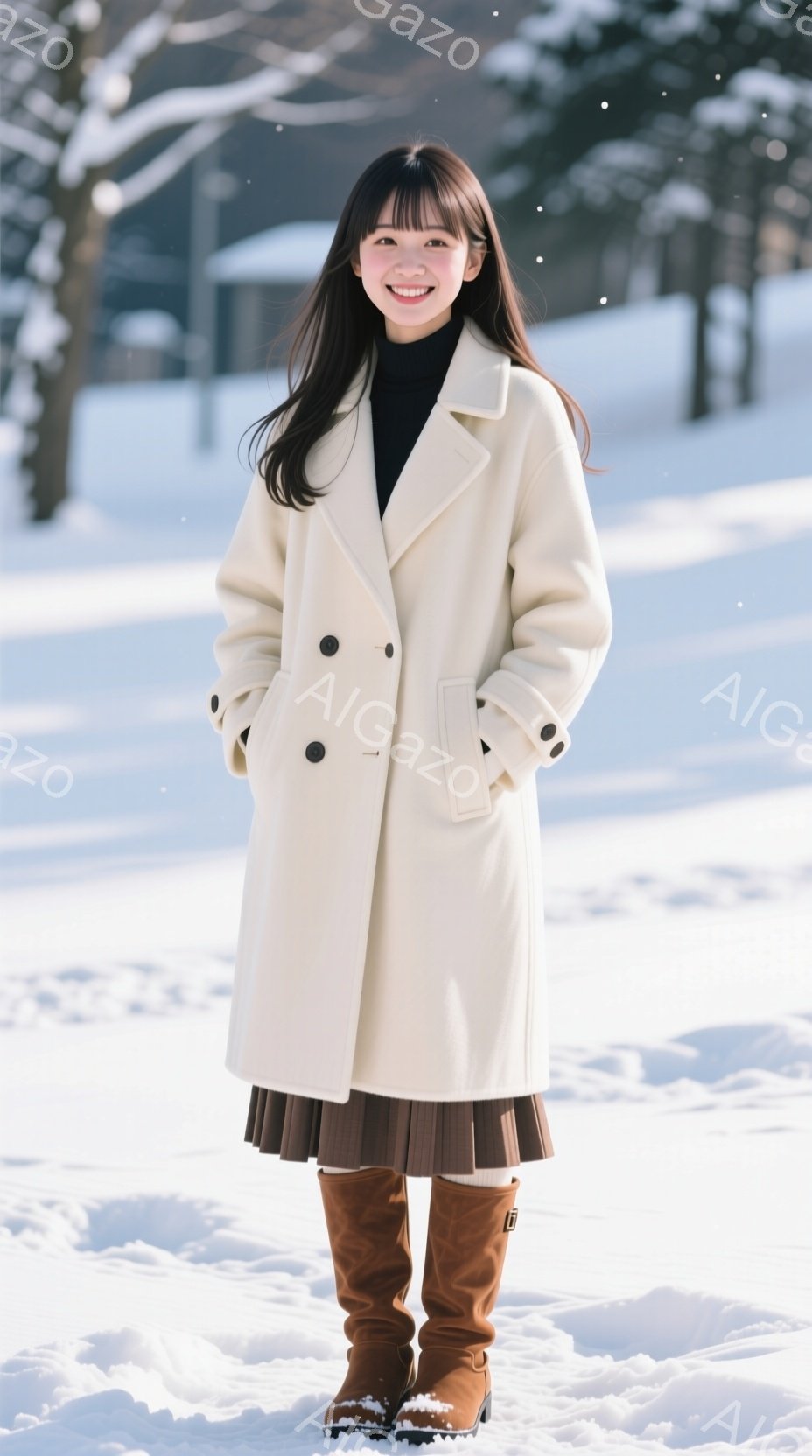 長い茶色の髪をした女性が、クリーム色のオーバーコートと茶色のプリーツスカート、そして茶色のブーツを身に着けています。彼女は笑顔で、両手をポケットに入れたリラックスした姿勢で立っています。背景は雪景色で - AI生成フリー素材