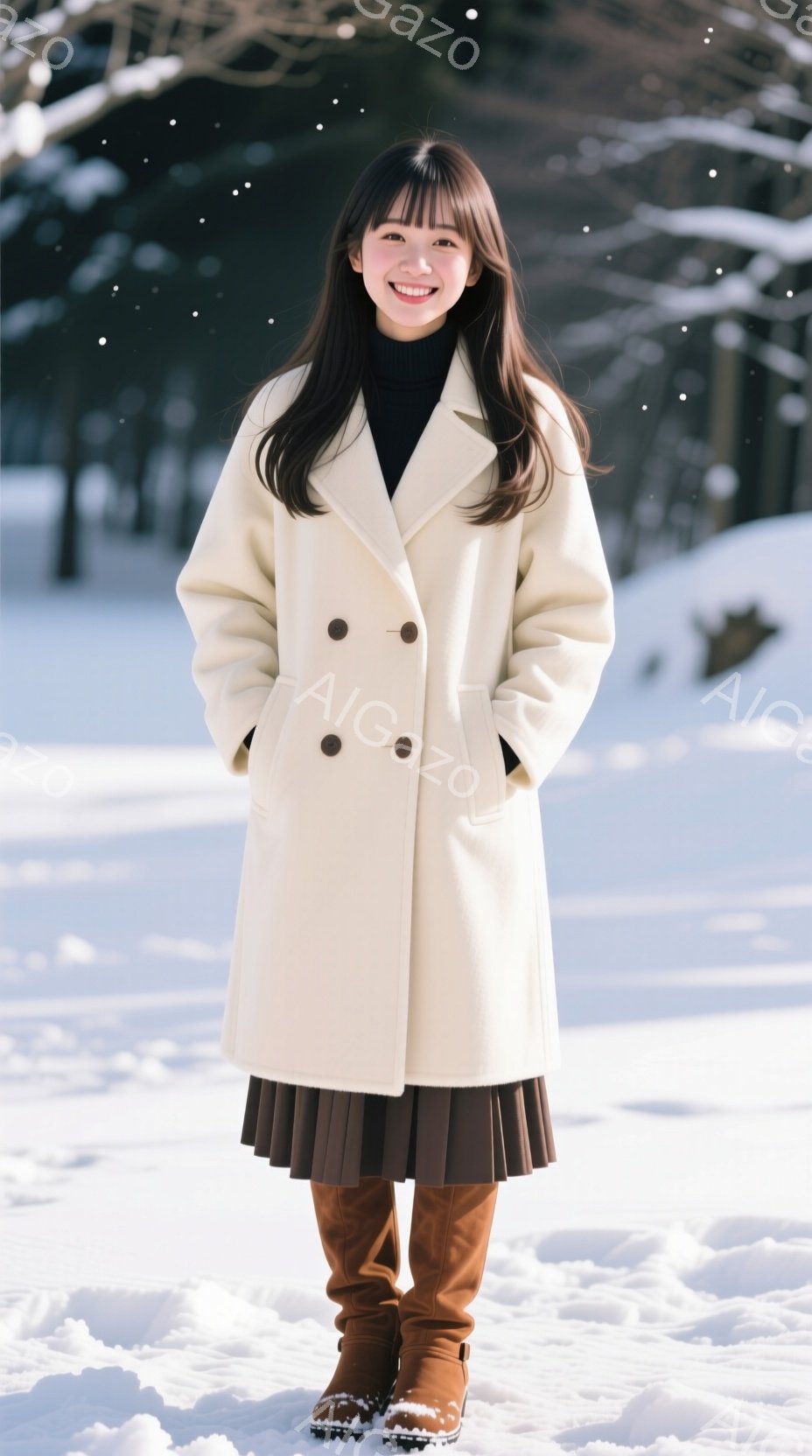 画像には、雪景色の中で笑顔を見せる若い女性が写っています。彼女はオフホワイトのコート、ダークブラウンのプリーツスカート、そして茶色のブーツを身に着けており、髪は長くストレートで、顔の横に流れています。 - AI生成フリー素材