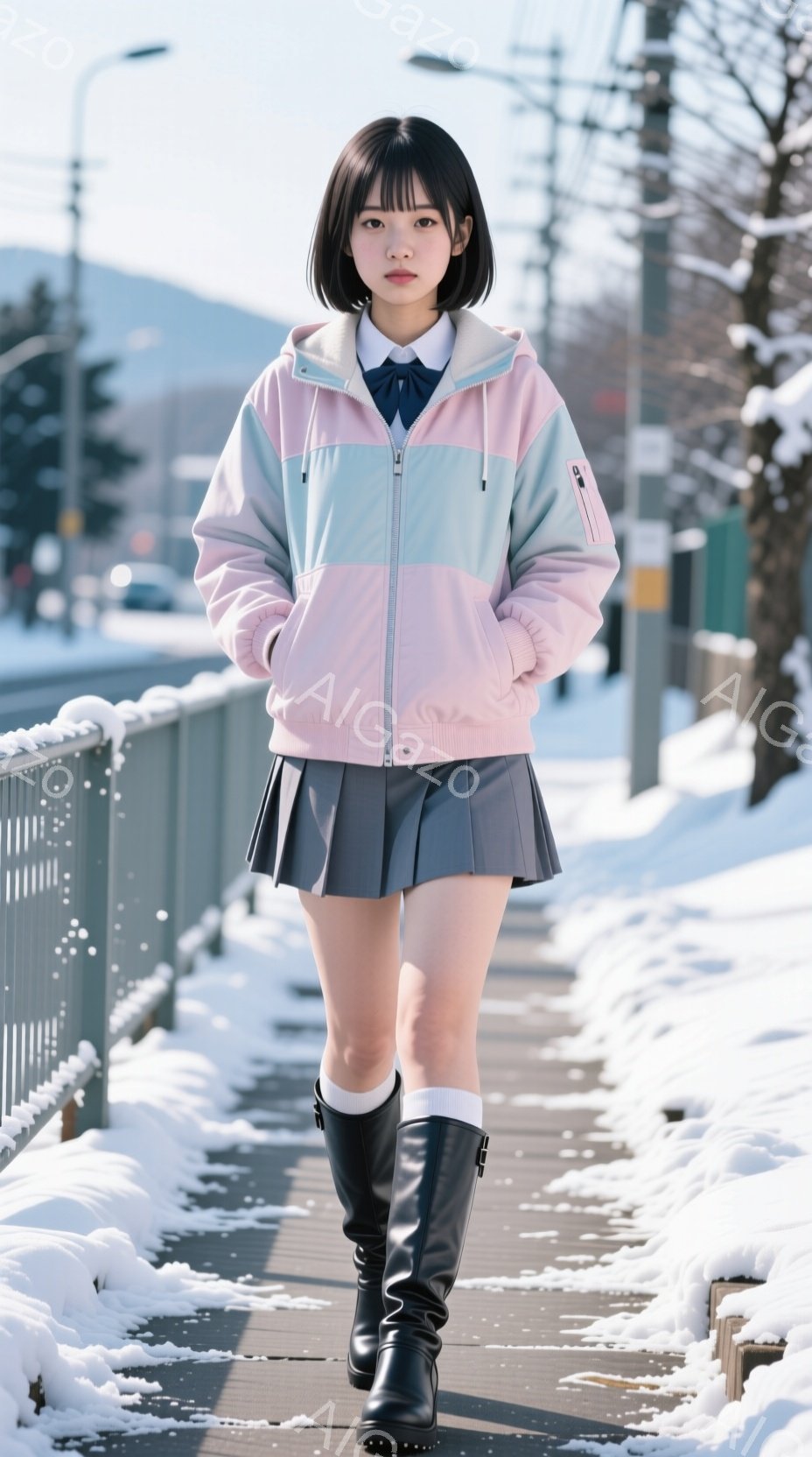 ショートカットの女性が雪道の中を歩いている。ピンクと水色の切り替えしジャケットにプリーツスカート、ロングブーツを合わせ、白いハイソックスを履いている。背景には、雪に覆われた道路と建物、遠くの山々が見え、冬の寒々とした雰囲気が漂っている。
