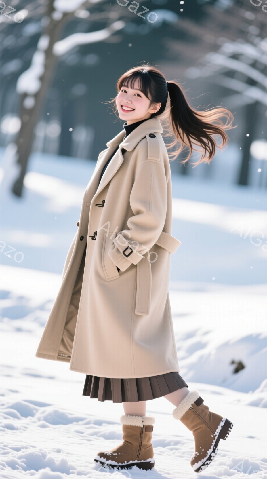 明るい笑顔の女性が、ベージュ色の長いコートとプリーツスカート、そして毛皮の縁取りが施されたブーツを身に着けて雪景色の中を歩いている。彼女は髪を後ろでポニーテールにし、顔には穏やかな表情が浮かんでいる。 - AI生成フリー素材