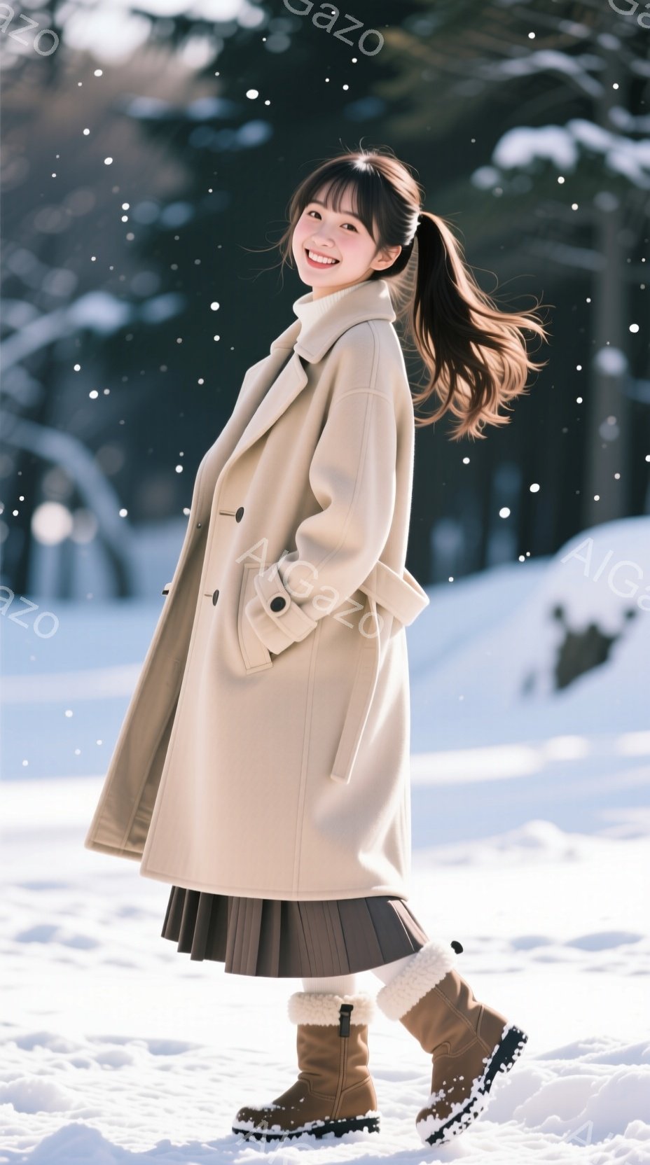 明るい笑顔の女性が、雪景色の中で立っている。ベージュ色のオーバーサイズのコート、茶色のプリーツスカート、そして白いフリル付きのブーツを身に着けている。背景には雪に覆われた木々があり、全体的に暖かく、冬 - AI生成フリー素材