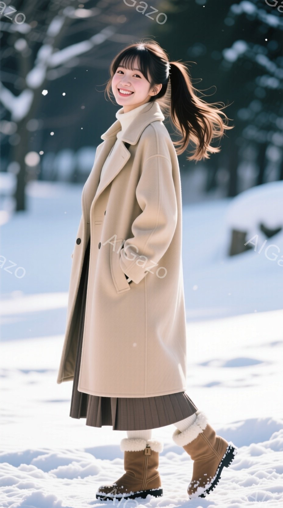 明るい笑顔の女性が雪景色の中で立っている。ベージュ色のオーバーサイズコートにブラウンのプリーツスカート、そして白いニットのレッグウォーマーとブーツを合わせ、冬の暖かなファッションを楽しんでいる。背景は雪に覆われた木々や地面で、晴れた冬の日の穏やかな雰囲気が漂っている。