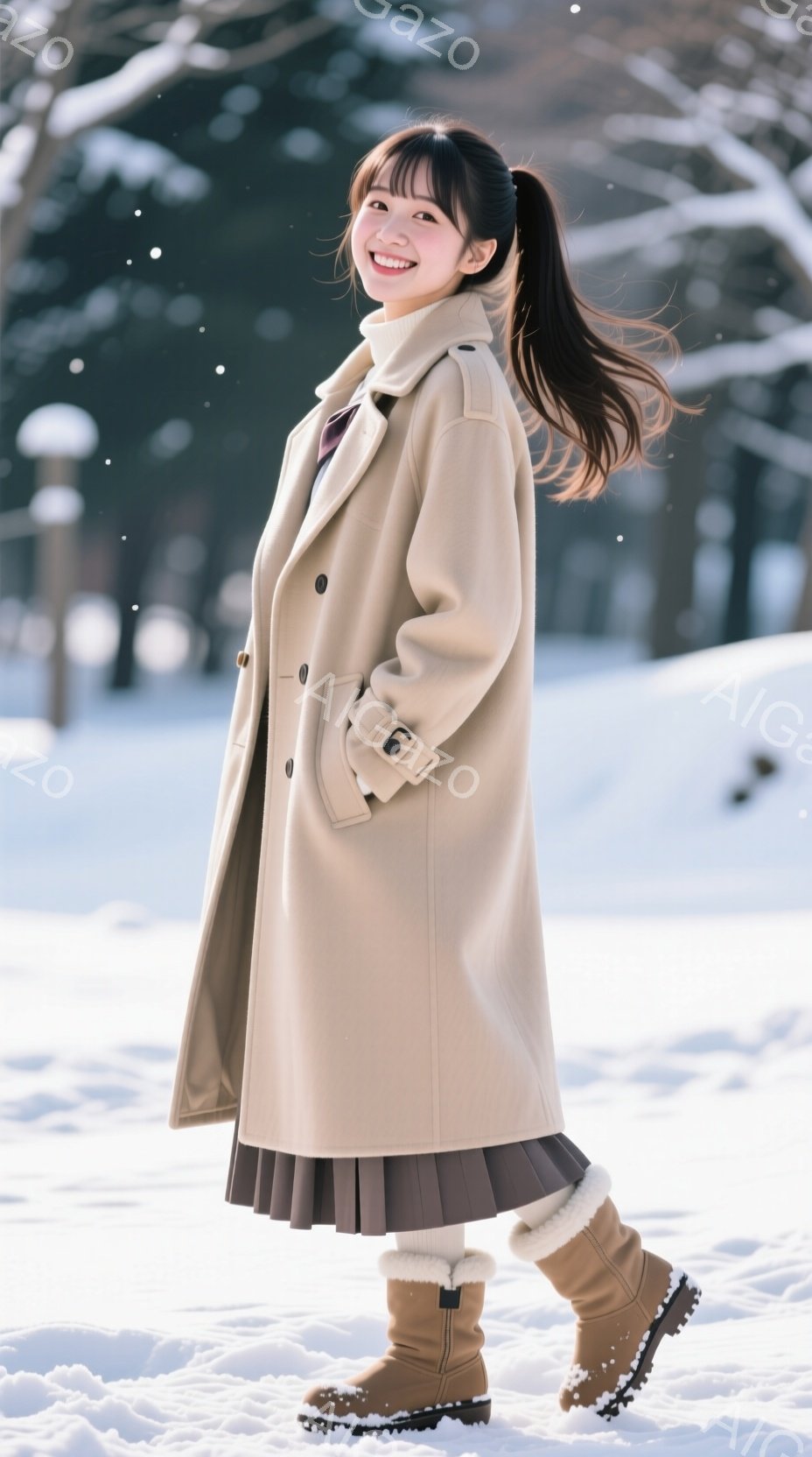 白い雪景色の中で、ベージュ色のロングコートとプリーツスカートを合わせた女性が写っています。彼女は髪を後ろでポニーテールにし、明るい笑顔を浮かべており、雪を踏みしめながら歩いている様子がうかがえます。背 - AI生成フリー素材