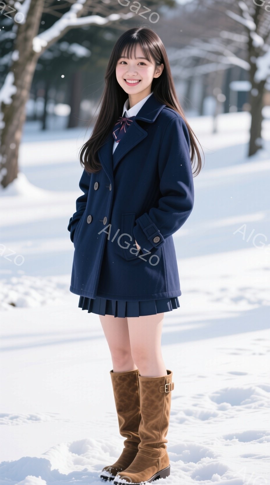 少女は紺色の制服を着て、茶色のロングブーツを履いています。彼女は微笑んでおり、長い黒髪が肩にかかっています。背景は雪景色で、木々がわずかに見え、全体的に冬の穏やかな雰囲気が漂っています。 - AI生成フリー素材