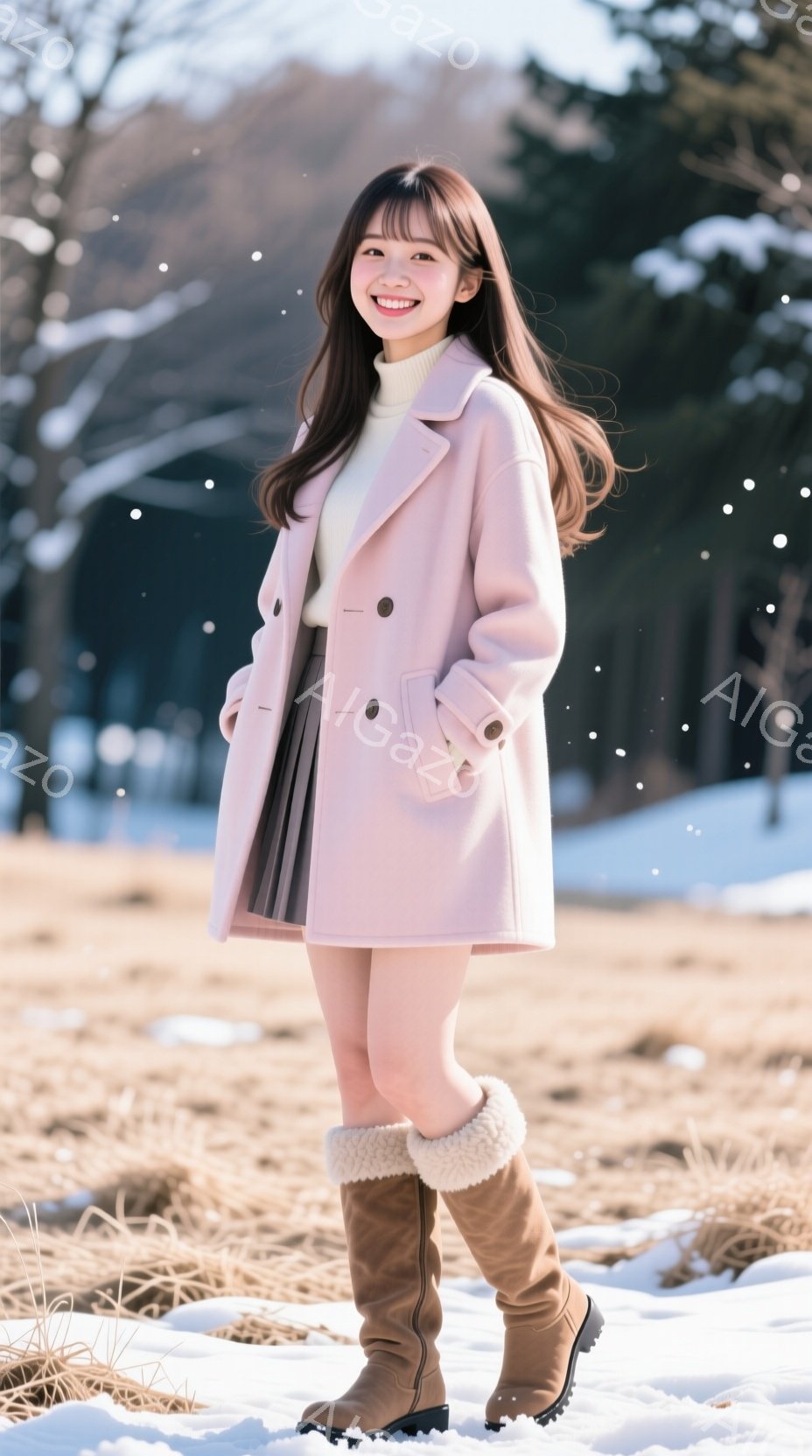 淡いピンク色のコートを着た若い女性が、茶色のスカートとブーツを履いて立っています。彼女は微笑んでおり、長い茶色の髪は風になびいています。背景には雪景色が広がり、冬の穏やかな雰囲気が漂っています。 - AI生成フリー素材