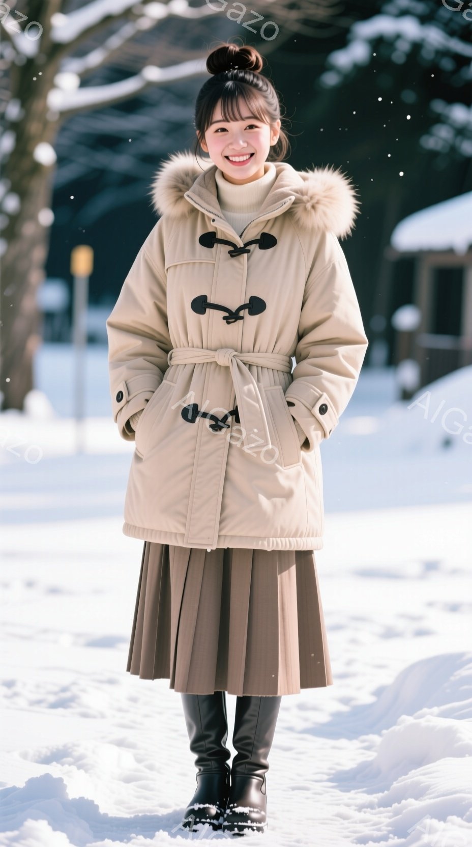 少女はクリーム色のファー付きフード付きコート、茶色のプリーツスカート、黒いブーツを着用し、雪景色の中で微笑んでいます。彼女は髪を高くまとめ、明るい表情で正面を見据えています。背景には雪に覆われた木々と - AI生成フリー素材