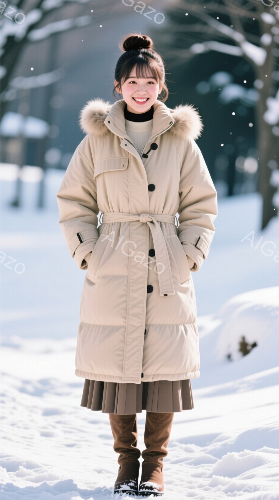 女性は、オフホワイトのダウンコート、茶色のプリーツスカート、そして茶色のロングブーツを着用しています。彼女は笑顔でカメラに向かって立っており、髪はきっちりとまとめられています。背景は雪景色で、木々や白 - AI生成フリー素材