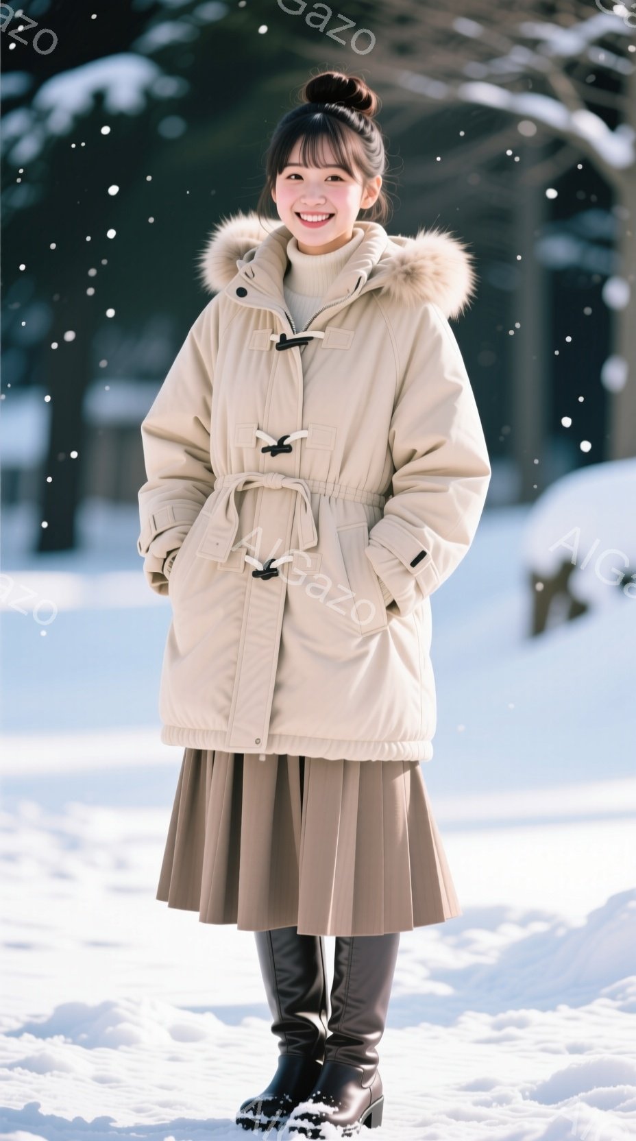 画像には、雪景色の中で微笑む若い女性が写っています。クリーム色のフード付きダウンジャケット、プリーツスカート、黒いブーツを着用しており、髪はきっちりとまとめられています。背景には雪に覆われた木々があり、全体的に暖かく穏やかな雰囲気が漂っています。