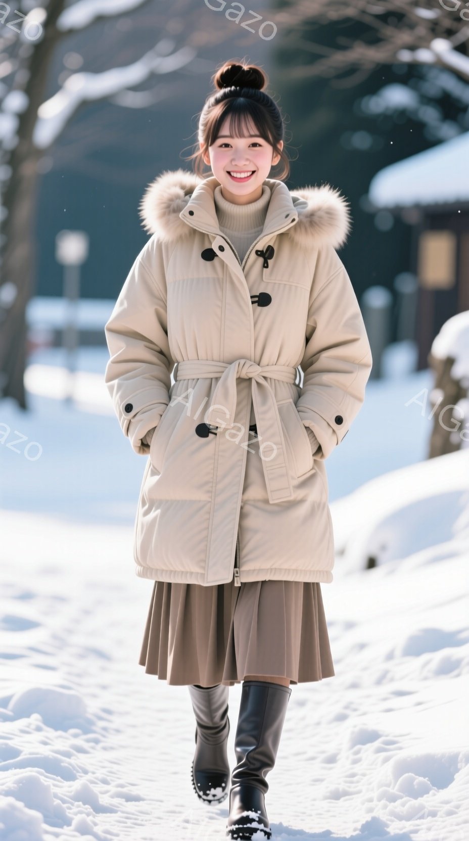 雪の中を歩く女性が写っています。ベージュ色のフード付きダウンジャケット、茶色のプリーツスカート、黒いブーツを着用し、髪はきっちりとまとめています。背景には雪景色が広がり、建物や木々がぼんやりと見え、明るい冬の日差しが全体を照らしています。